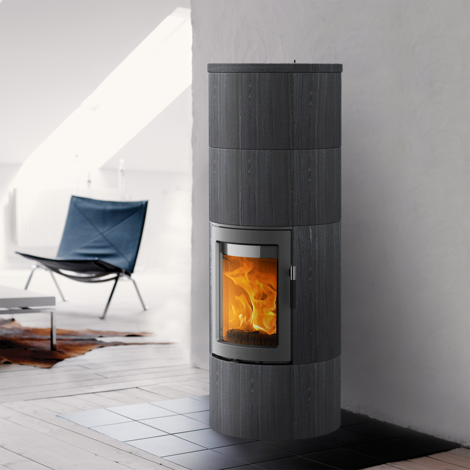 Poêle à bois Lotus Maestro 2 Indian Night, porte grise, sortie de fumée arrière