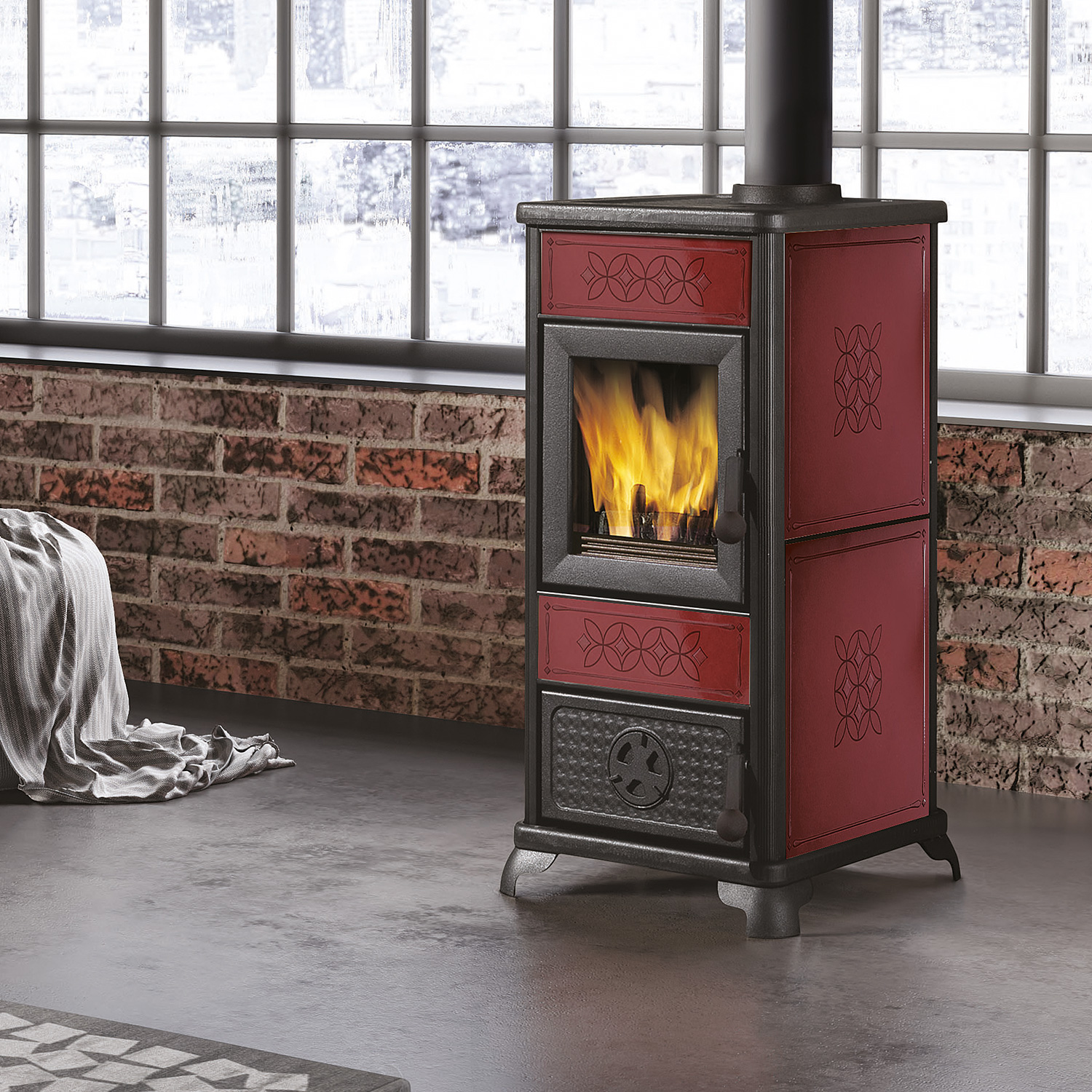 EK63 Decor poêle à bois céramique bordeaux tuyau de fumée dessus