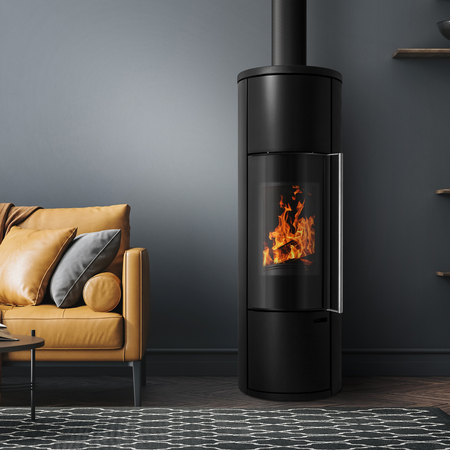 Schmitzker Fisterra Cristal Poêle à bois en acier noir, vitre frontale