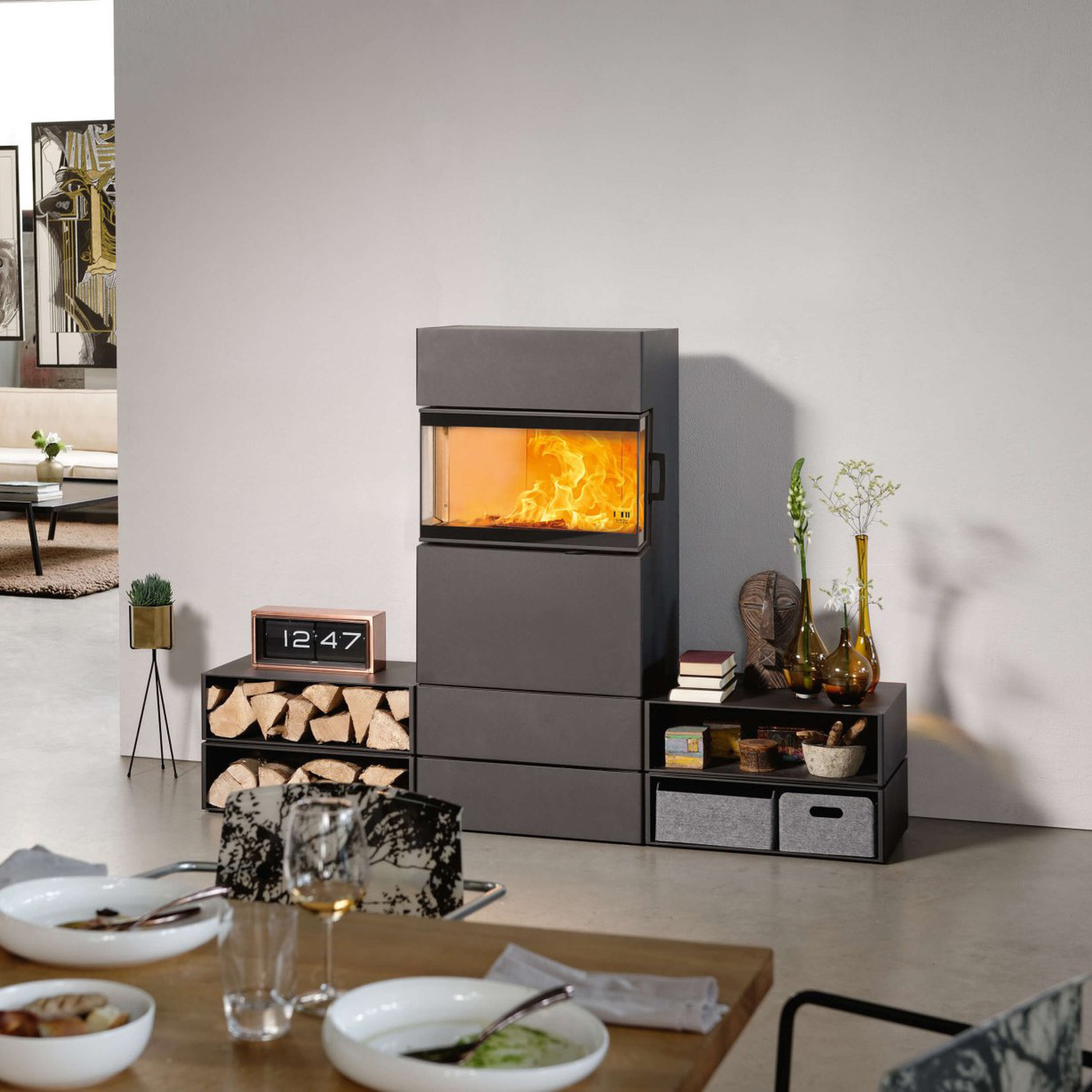 Austroflamm Dexter S3 3.0 poêle à bois acier gris fonte, vitré sur 3 côtés, raccordement tuyaux en haut ou à l'arrière