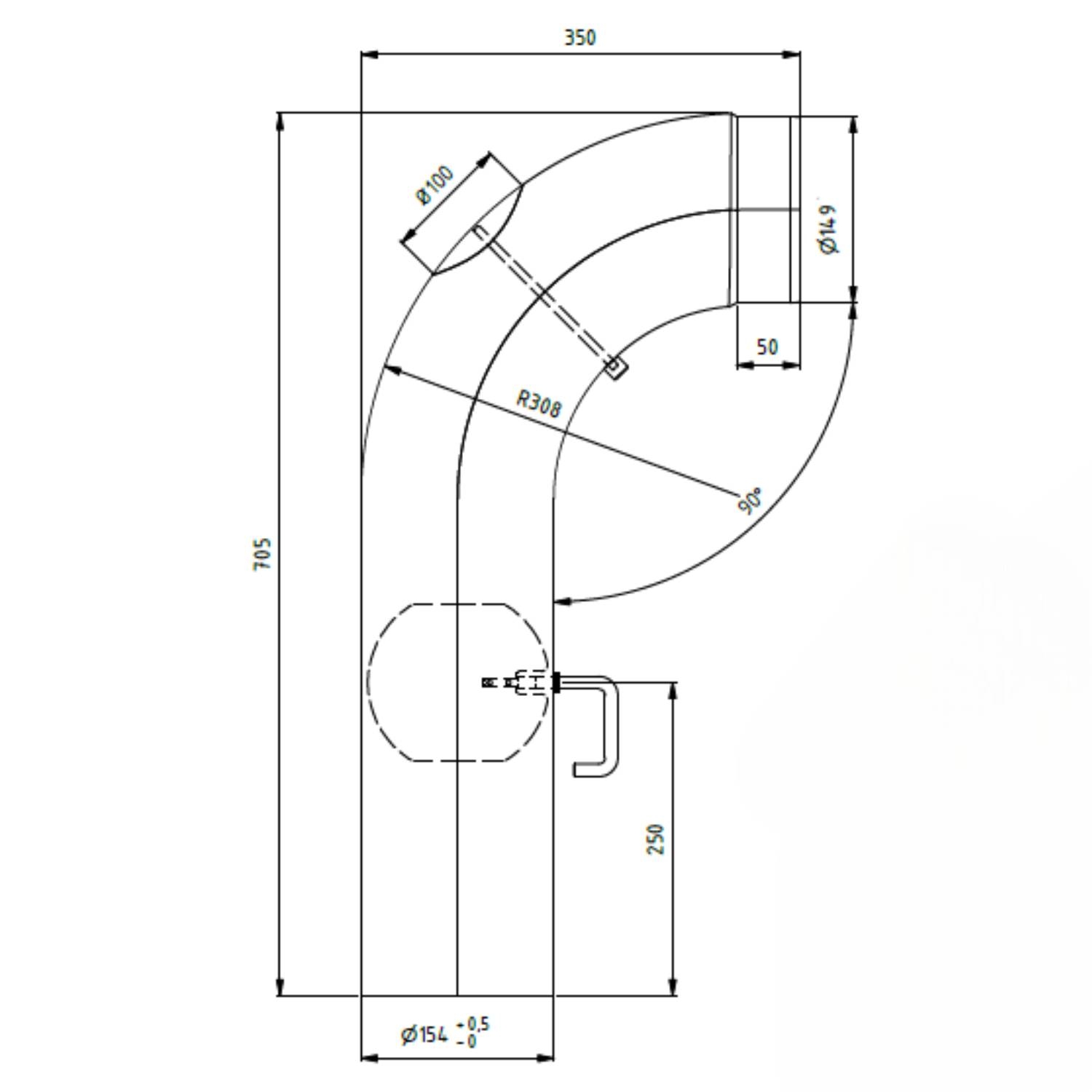 Raik coude LS diamètre 150/90° 2,00mm lisse 705/350 avec porte intégrée avec modérateur de tirage gris