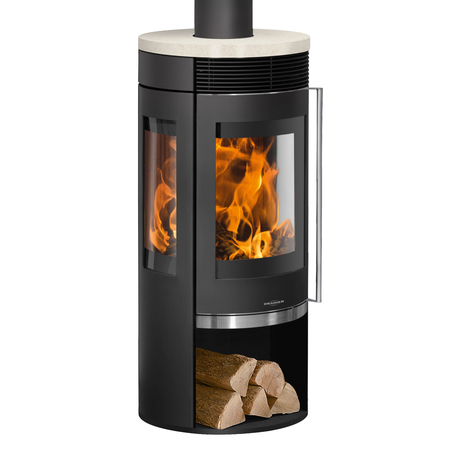 Poêle à bois Oranier Rota TRE 2.0 en acier noir avec plaque de recouvrement en pierre calcaire