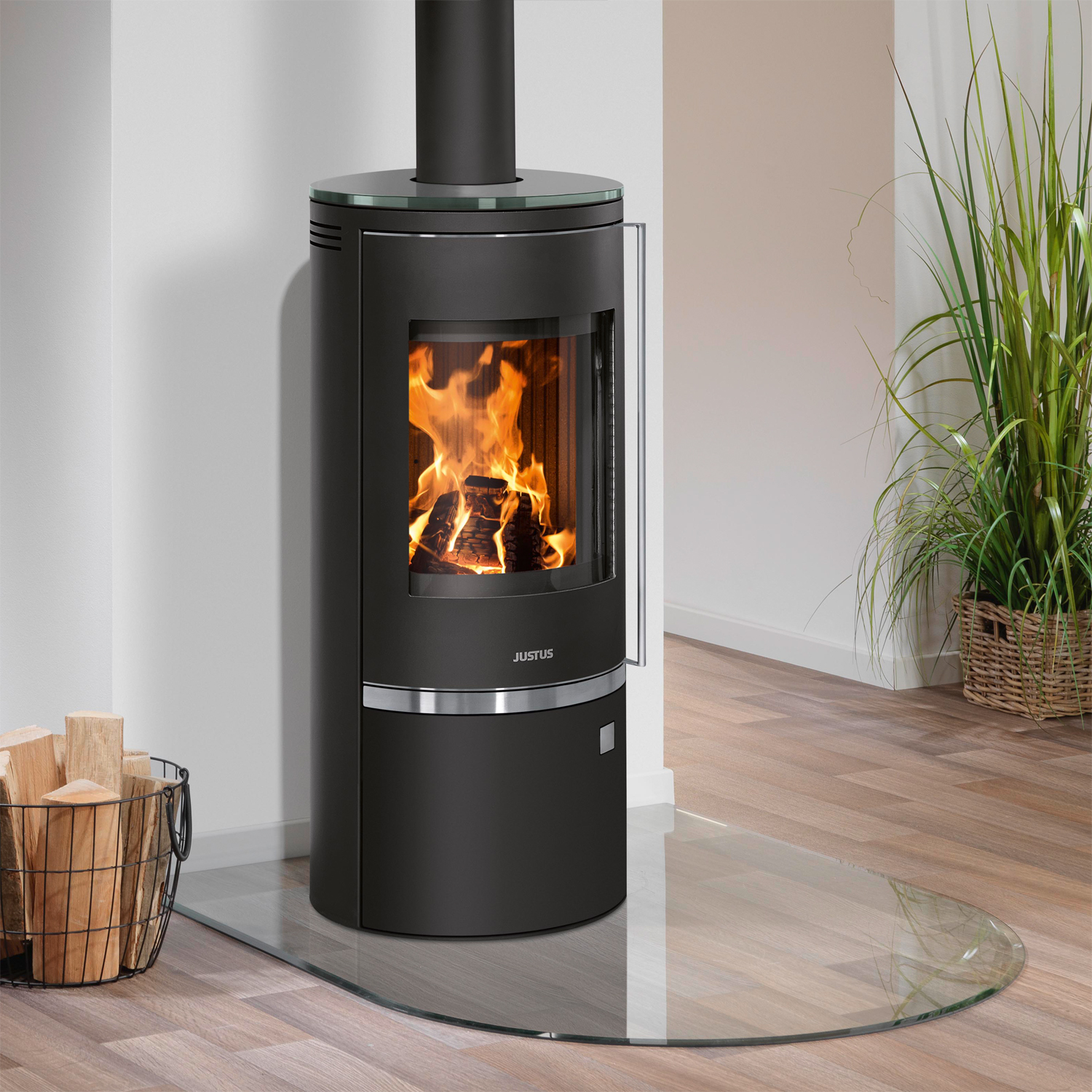 Justus Faro Top 2.0 Poêle à bois en acier noir avec plaque de recouvrement en verre