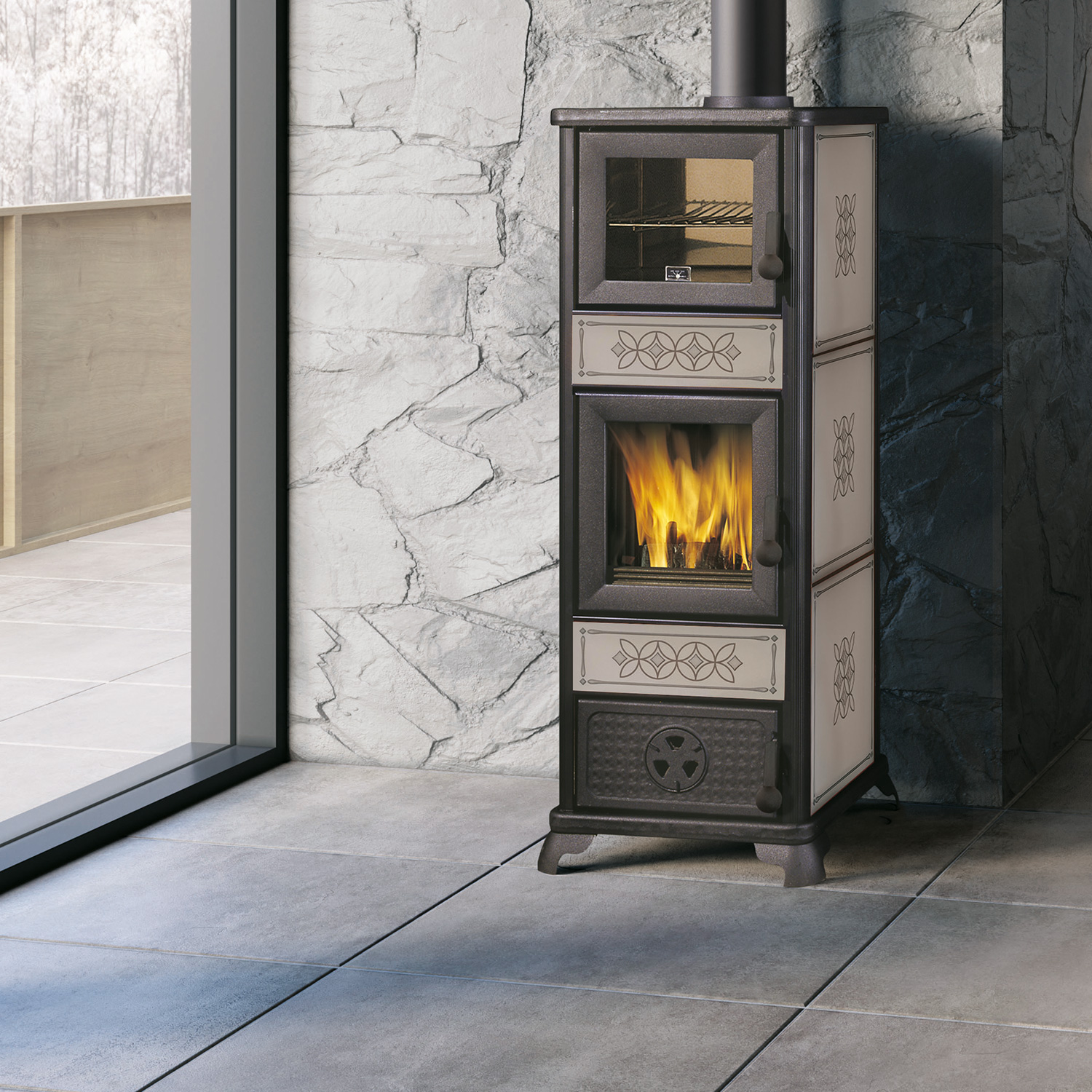 Poêle à bois EK63 Decor C en céramique gris colombe avec conduit de fumée supérieur Poêle à bois EK63 Decor C en céramique gris colombe avec conduit de fumée supérieur
