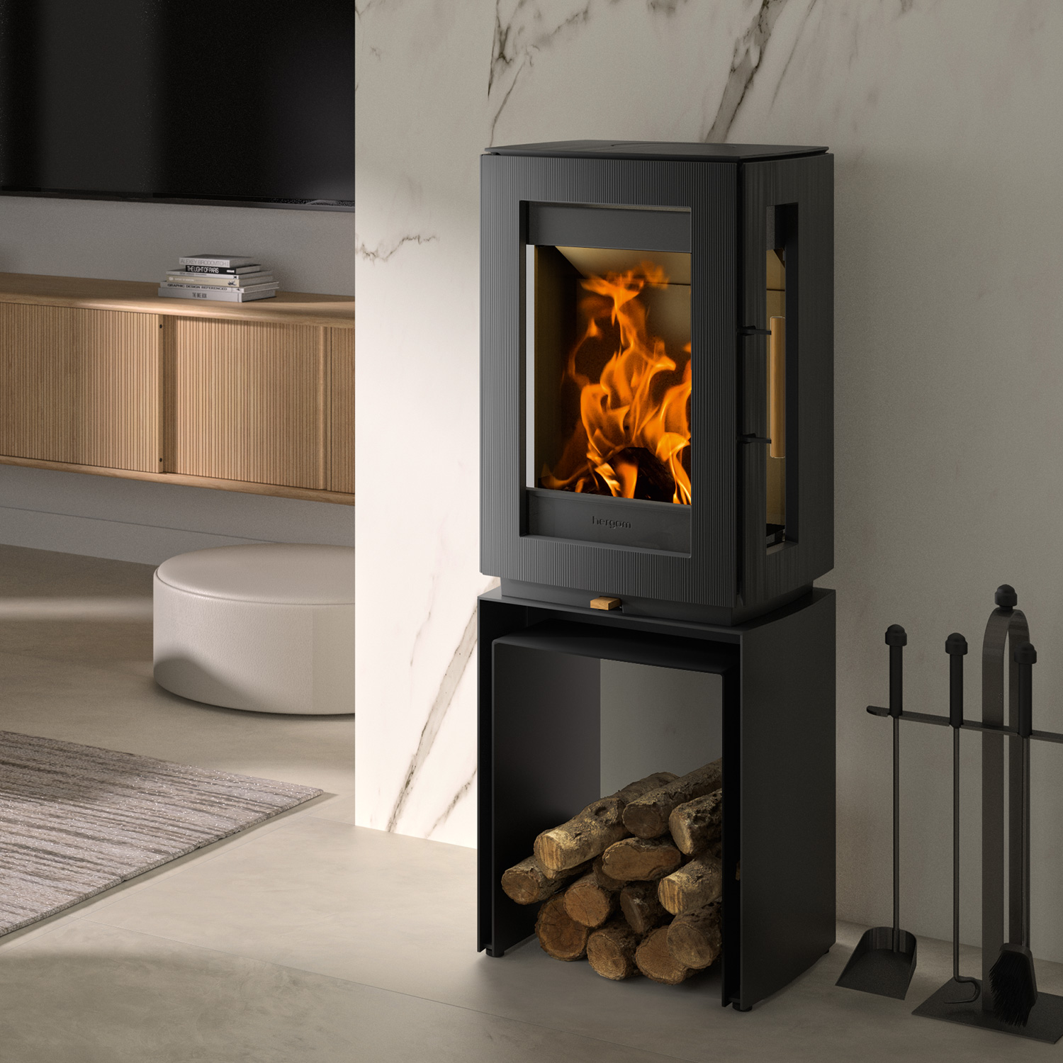 Poêle à bois Hergom Glow en fonte noire avec rehausse de banc