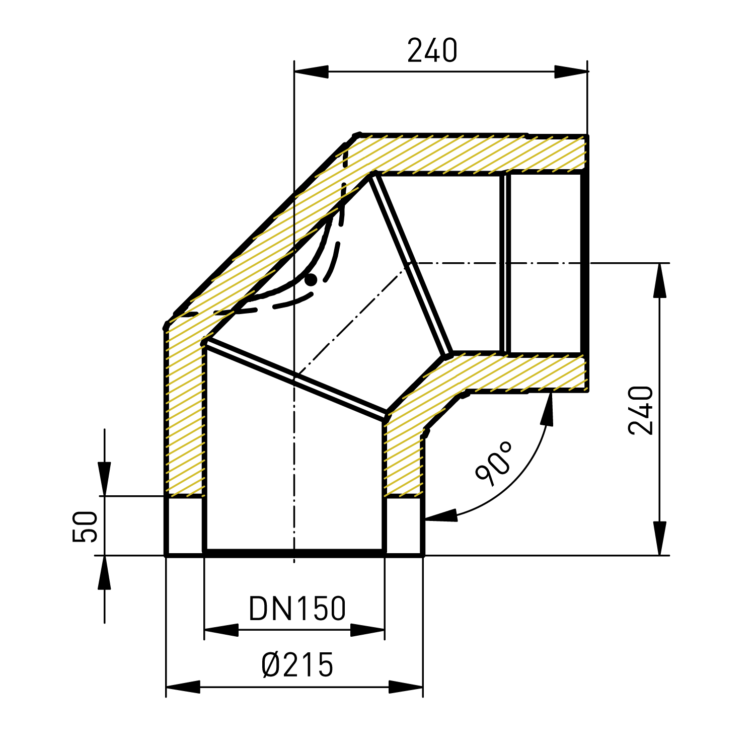 Coude de conduit de fumée Raik / Tuyau de poêle Coltherm double paroi avec isolation, diamètre 150 mm, 90°, noir, avec ouverture de nettoyage.