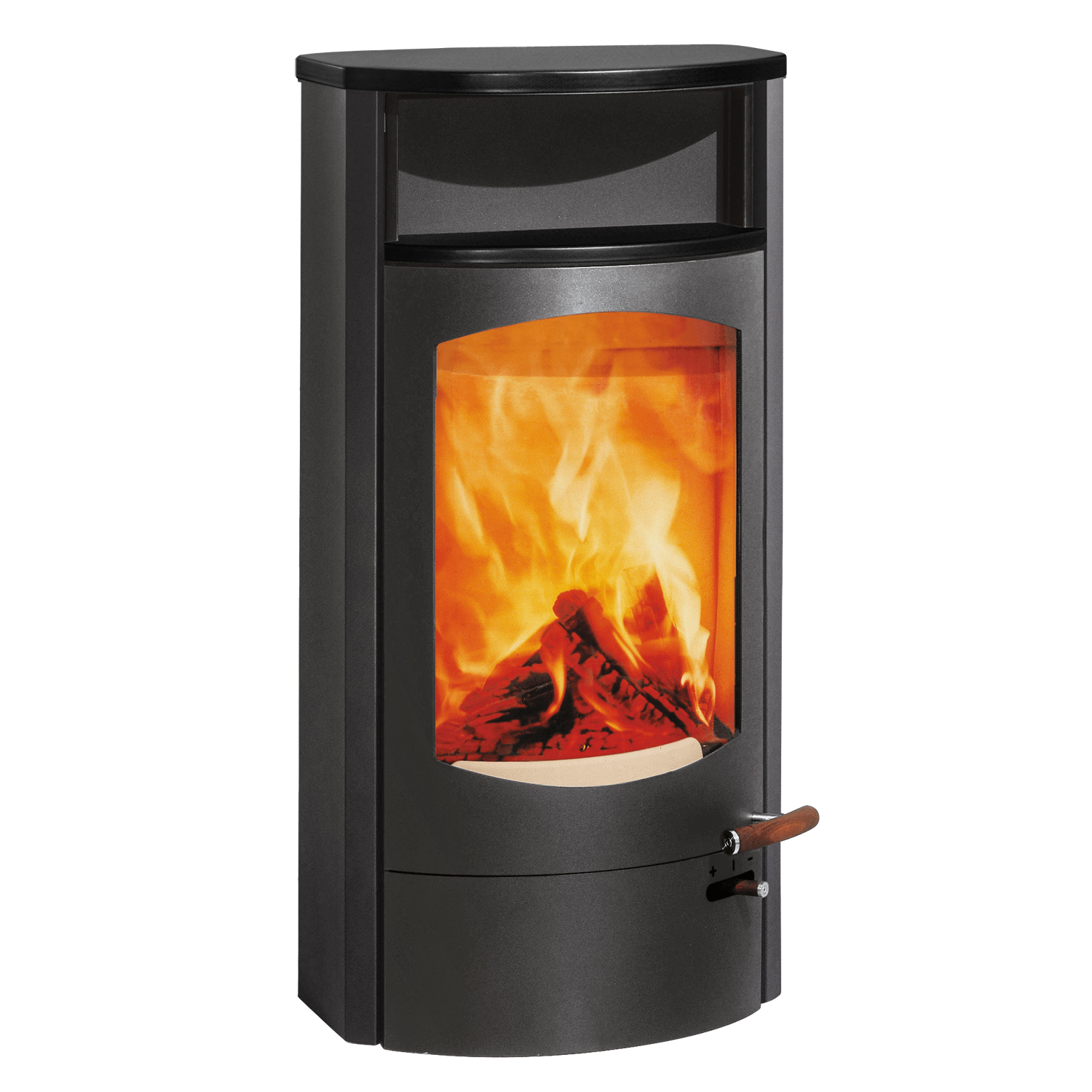 Austroflamm Koko 2.0 Poêle à bois en acier gris fonte, compartiment de maintien au chaud en céramique noir mat, plaque supérieure en céramique noir mat, sortie de fumée arrière.