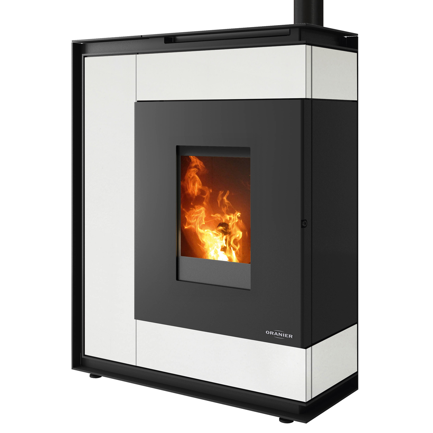 Oranier Boreas II poêle à granulés acier noir / pierre frittée blanc soie, tuyau de fumée en haut