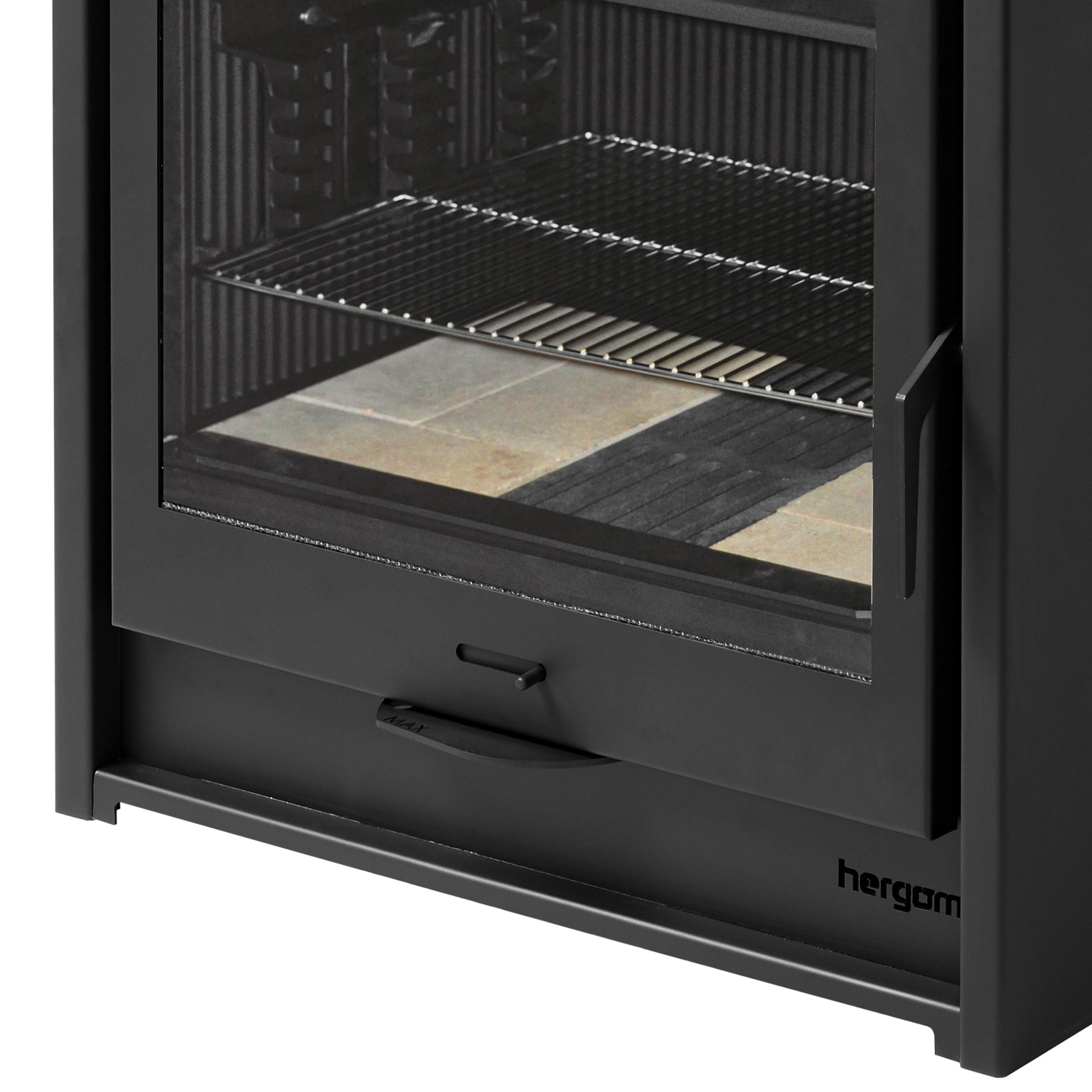Poêle à bois Hergom Arce en acier noir avec compartiment de cuisson