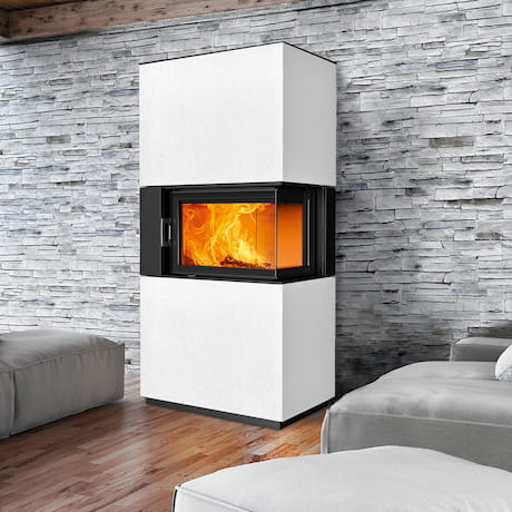 Kit de cheminée avec revêtement béton blanc et grande vitre d’angle