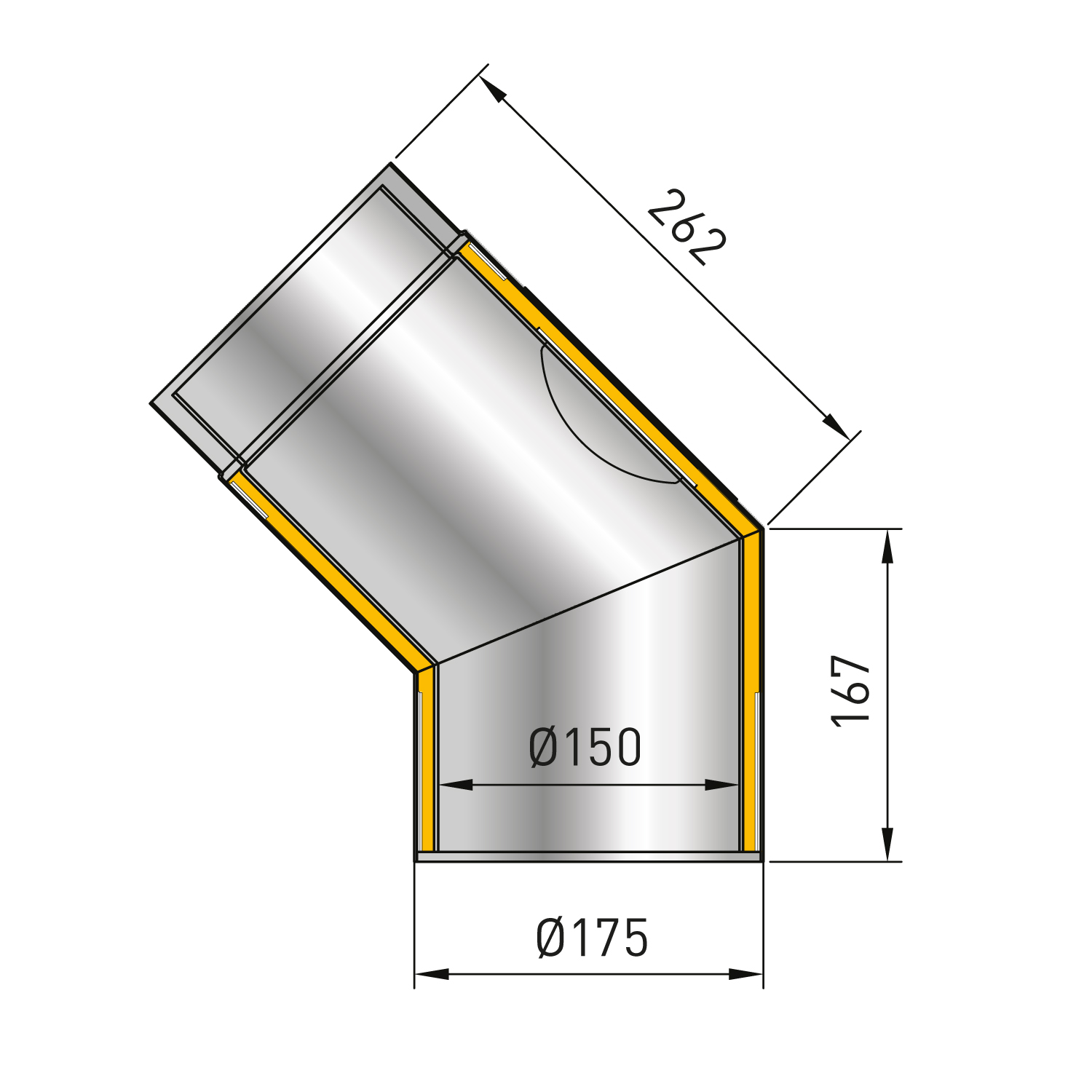 Coude de conduit de fumée / Tuyau de poêle Izoker double paroi avec isolation, diamètre 150 mm, 45°, noir, avec ouverture de nettoyage. Coude de conduit de fumée / Tuyau de poêle Izoker double paroi avec isolation, diamètre 150 mm, 45°, noir, avec ouverture de nettoyage.