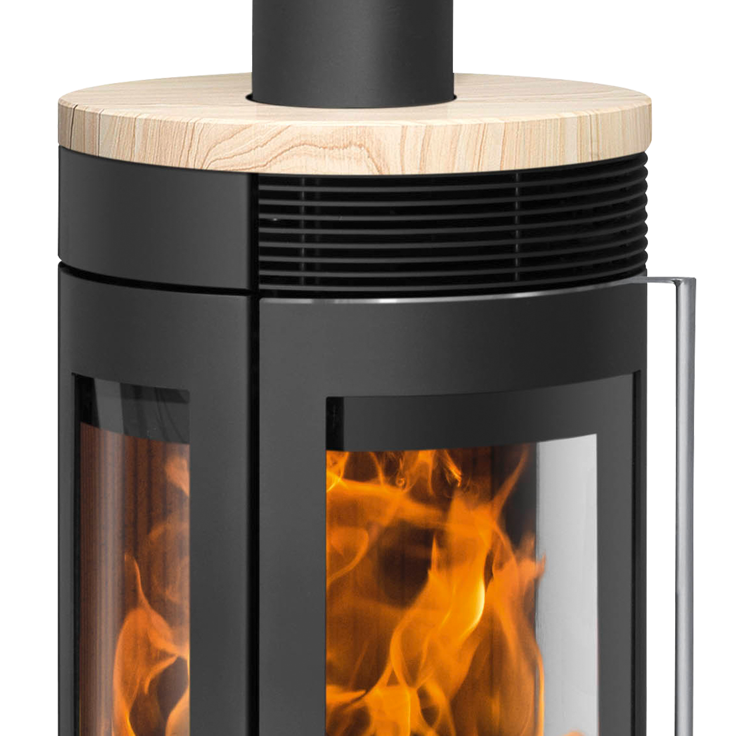 Poêle à bois Oranier Rota TRE 2.0 en acier noir avec plaque de recouvrement en pierre de sable.