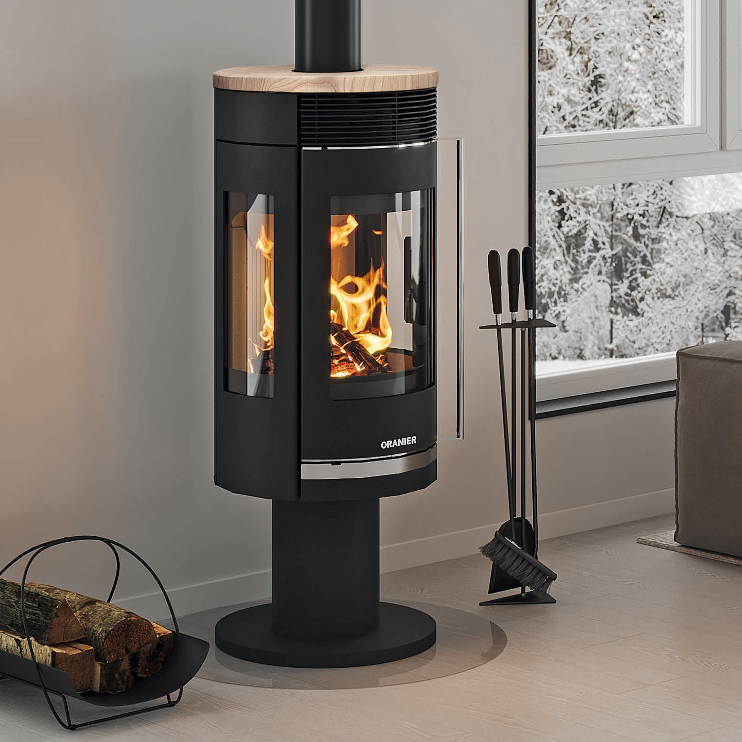 Poêle à bois Oranier Rota Twist en acier noir / Plaque supérieure en grès