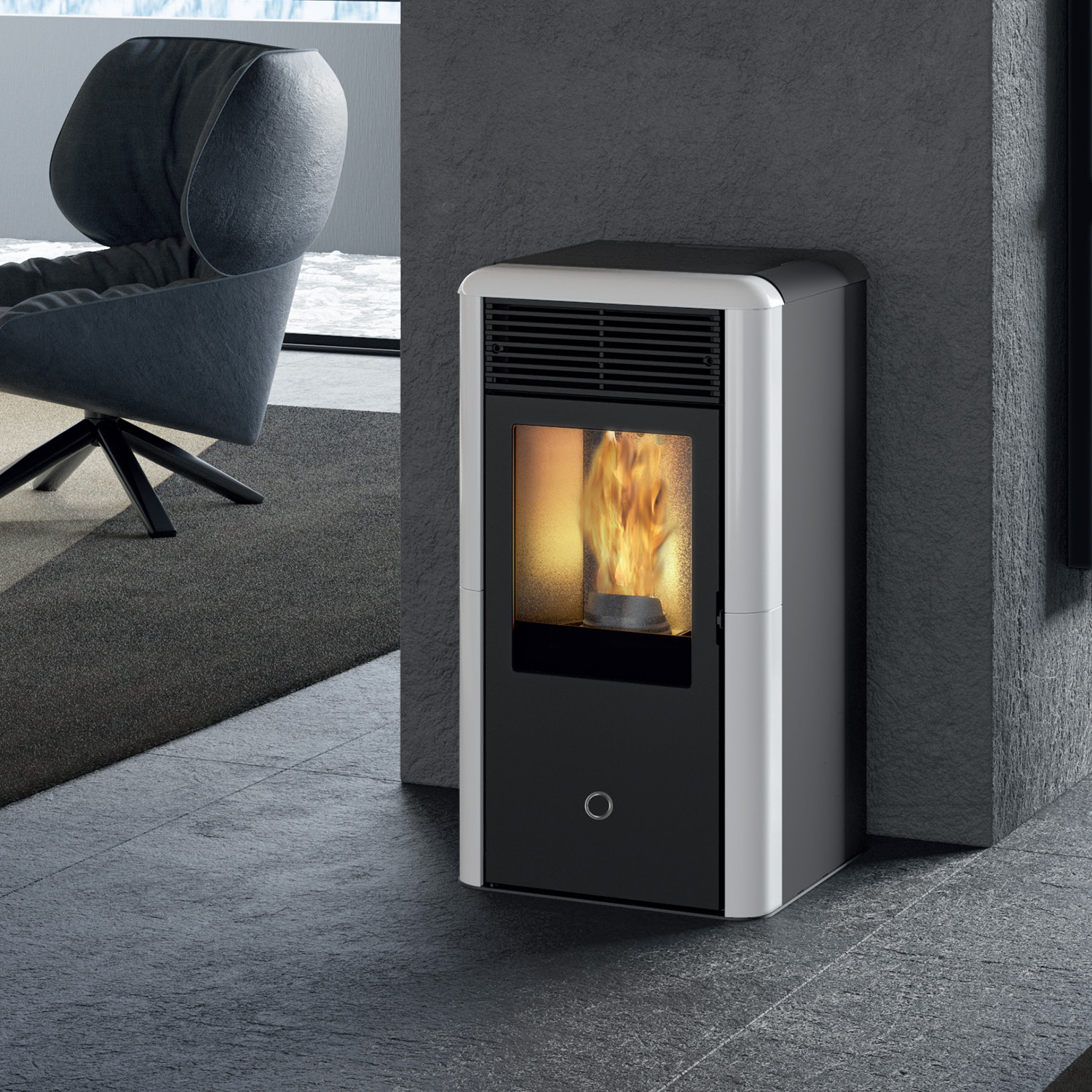 EK63 Spot100 H poêle à granulés bouilleur céramique blanc crème RR arrière