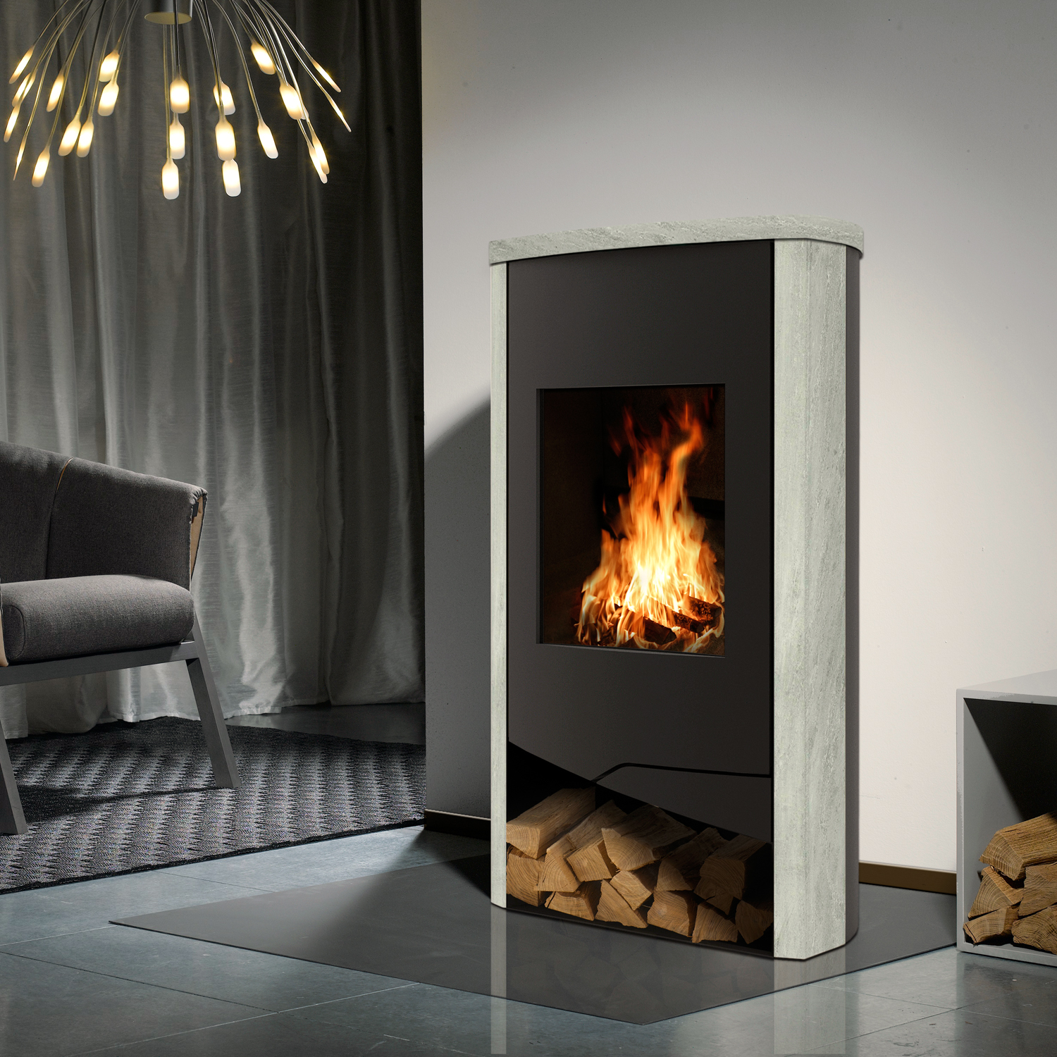 Wamsler Nevada poêle à bois acier noir/ pierre naturelle