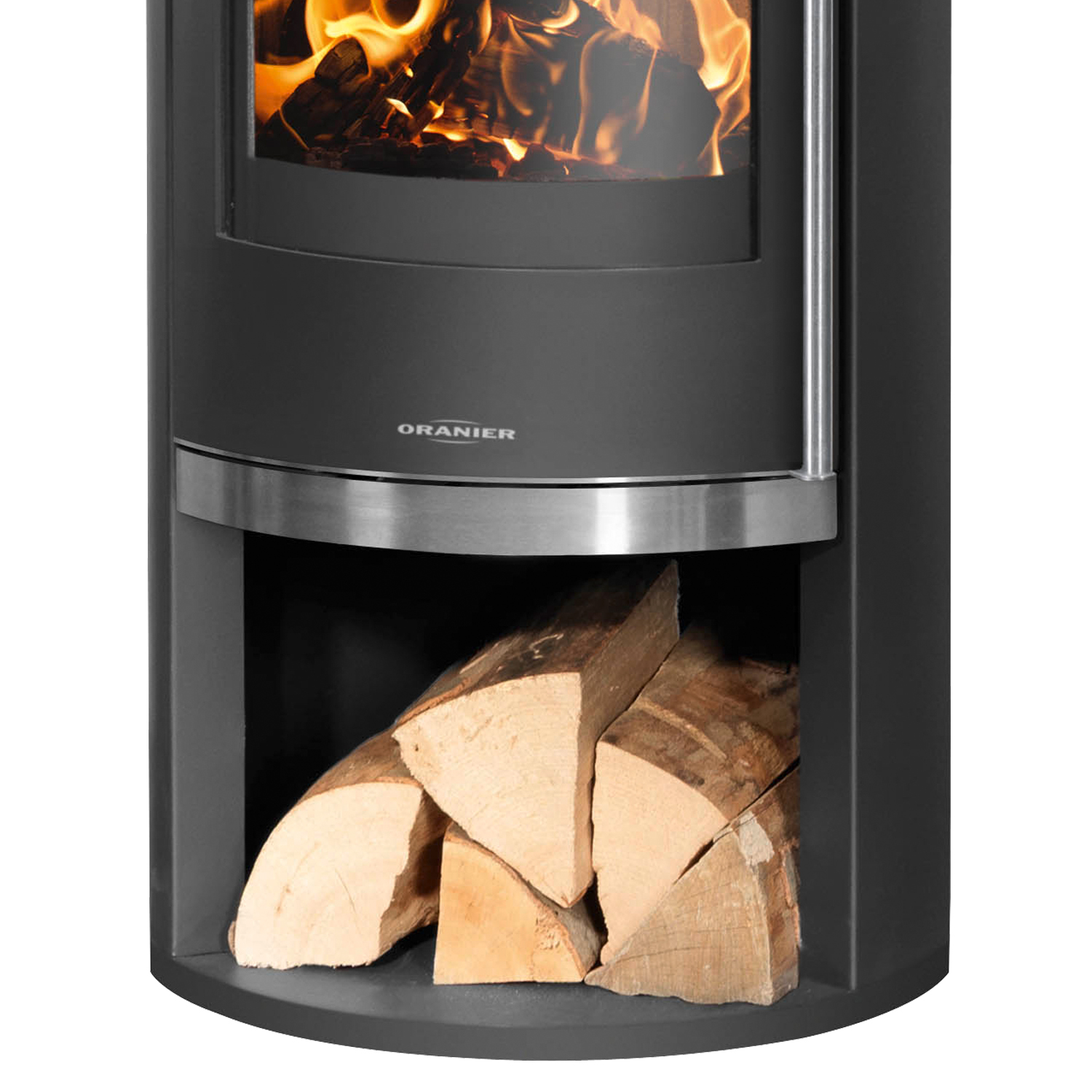 Poêle à bois Oranier Rota 2.0 en acier noir avec plaque de recouvrement en stéatite.