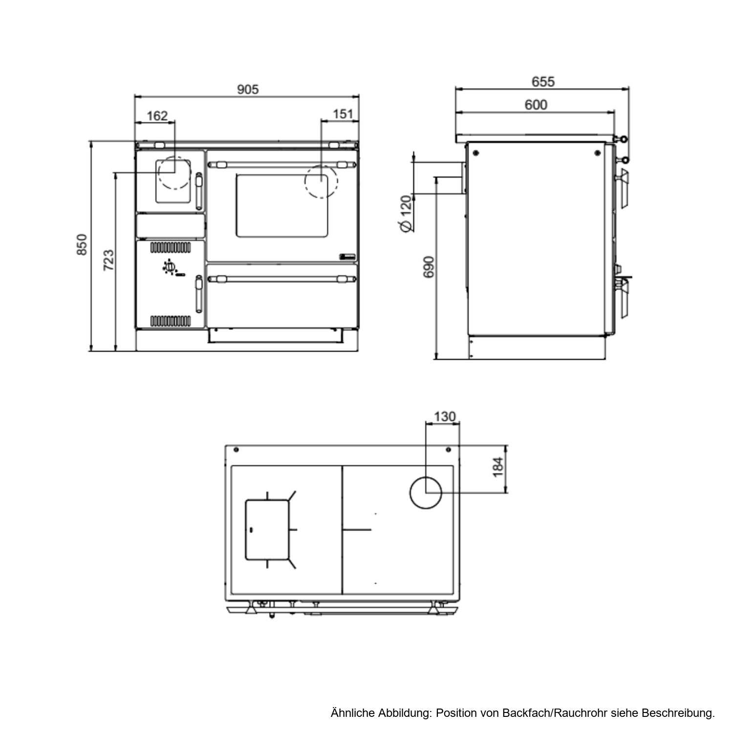 Wamsler K 139 F Cuisinière à bois à droite noir avec plaque vitrocéramique, raccordement par le haut