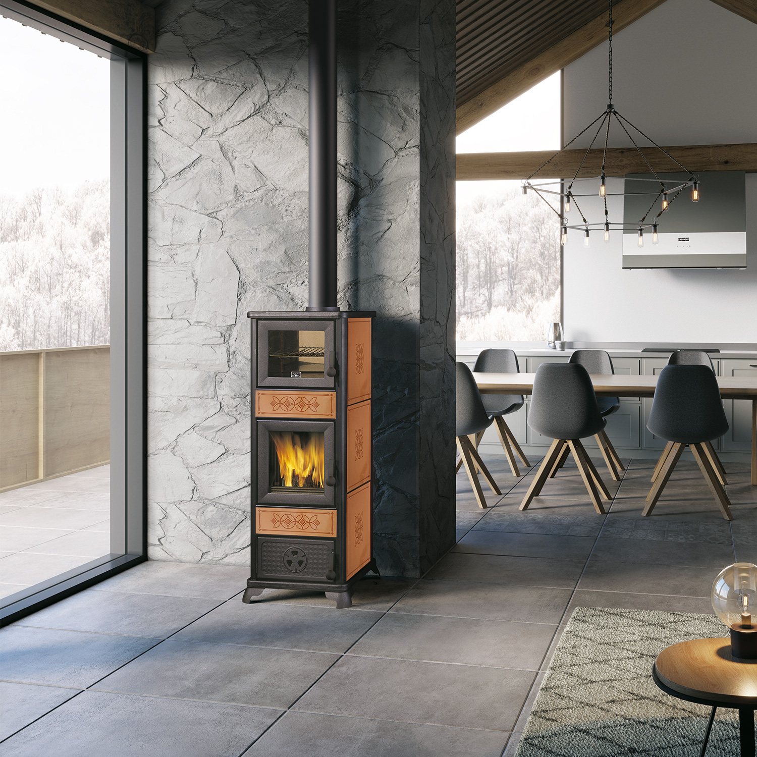 EK63 Decor C Poêle à bois en céramique cuir avec conduit de fumée supérieur