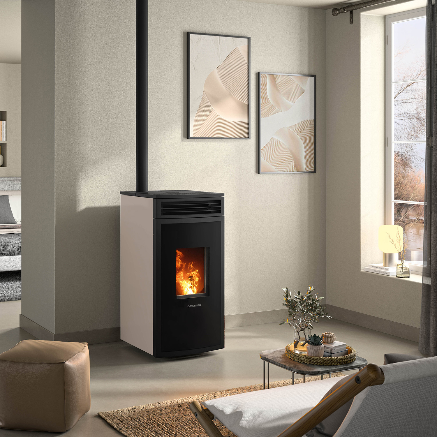 Oranier poêle à bois Neta Taupe raccordement tuyaux en haut