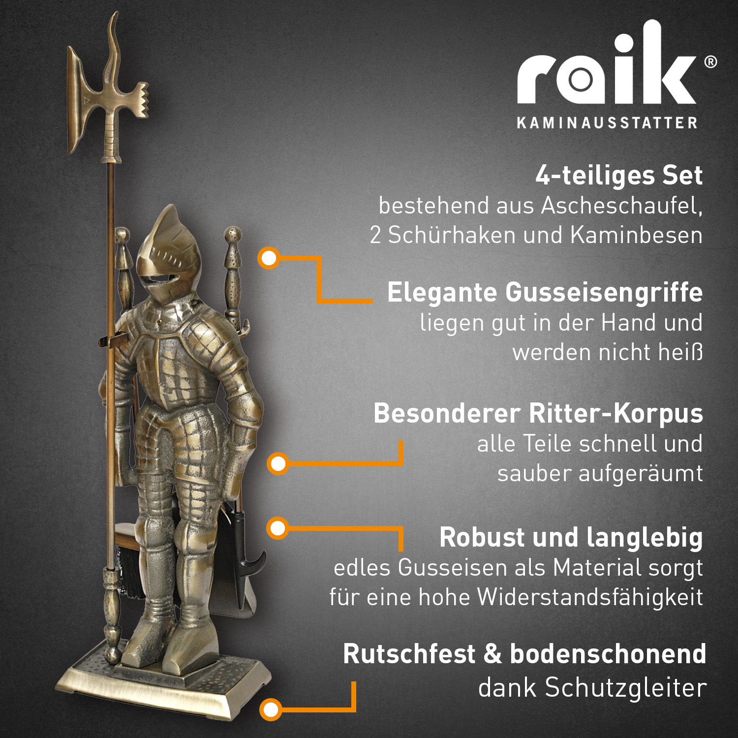 Ensemble d'outils de cheminée Chevalier Kunibert, 4 pièces, 73,5 cm