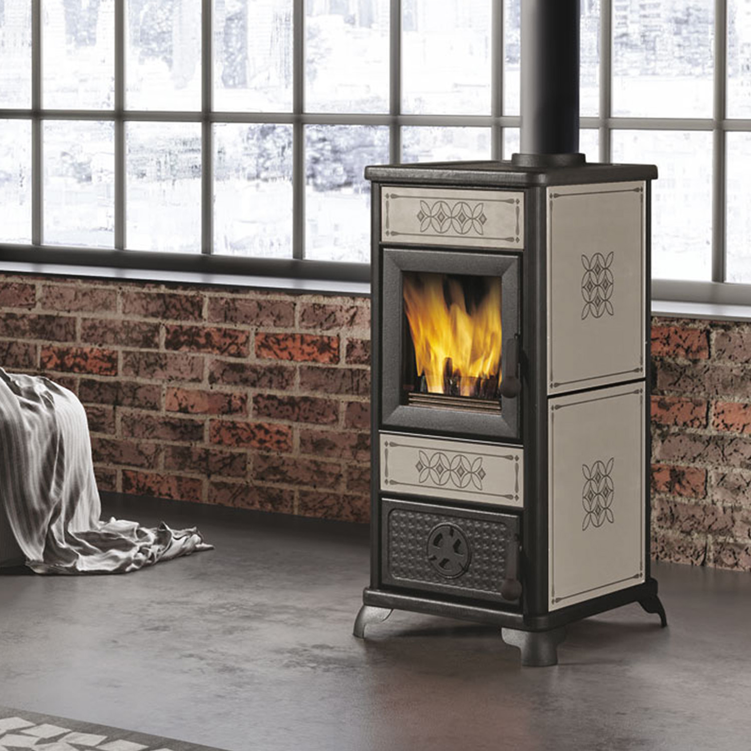 EK63 Decor Evo Poêle à bois céramique gris tourterelle