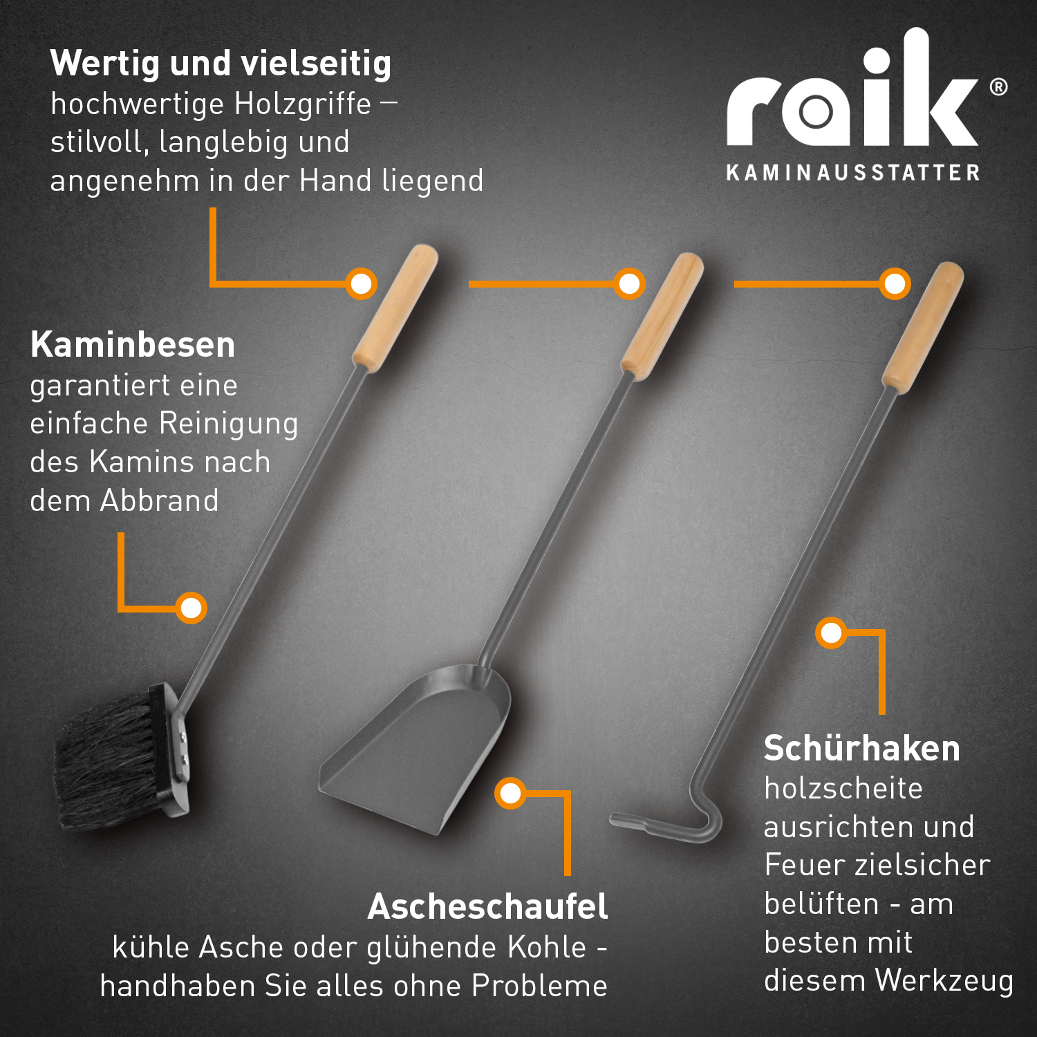 Raik Ensemble d'outils de cheminée avec poignée en bois, 3 pièces, gris + Allume-feu bio RITZ