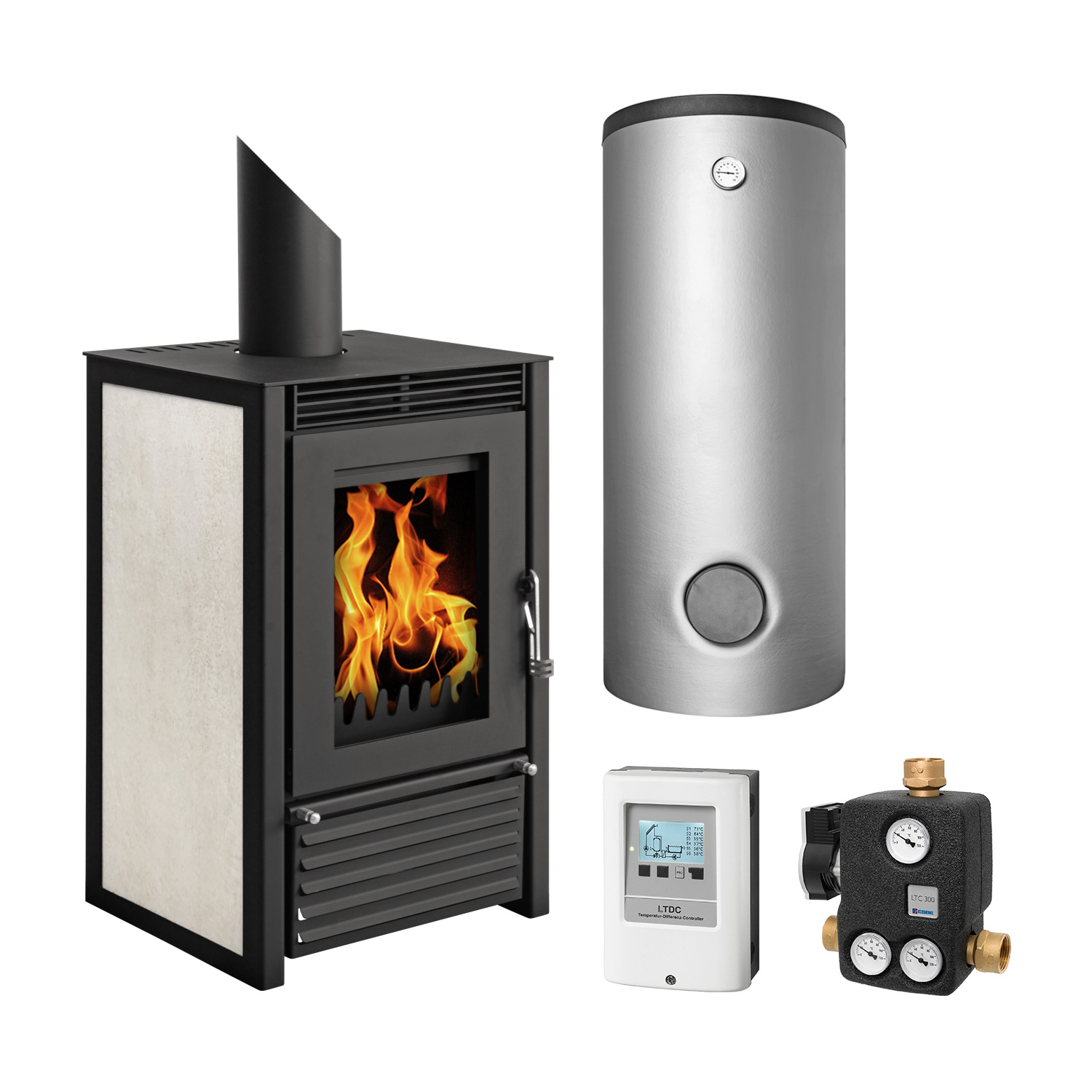 Schmitzker Marbella Compact Beige Poêle à bois bouilleur - Ensemble complet avec ballon tampon TPSM 300L