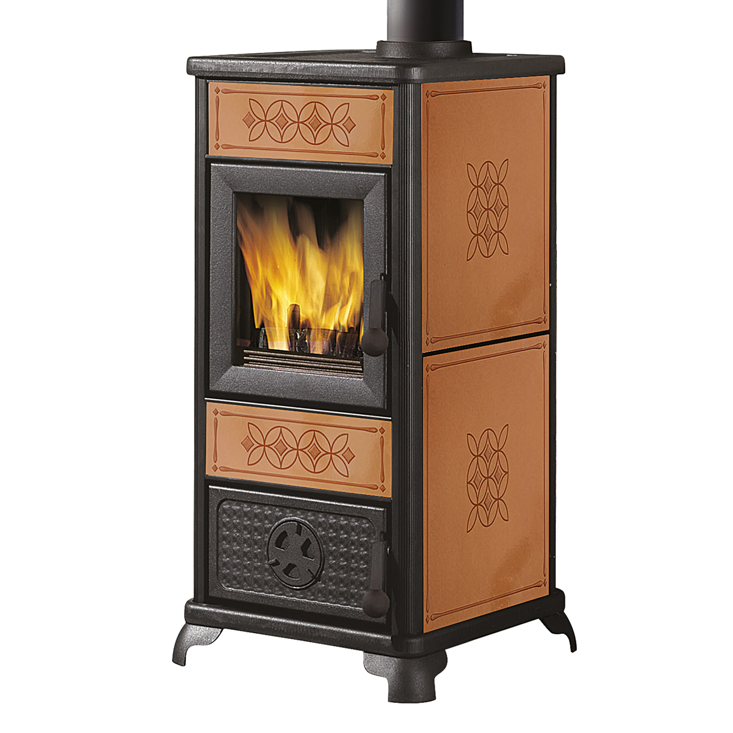 Poêle à bois décoratif EK63 en céramique et cuir avec sortie de fumée par le haut.
