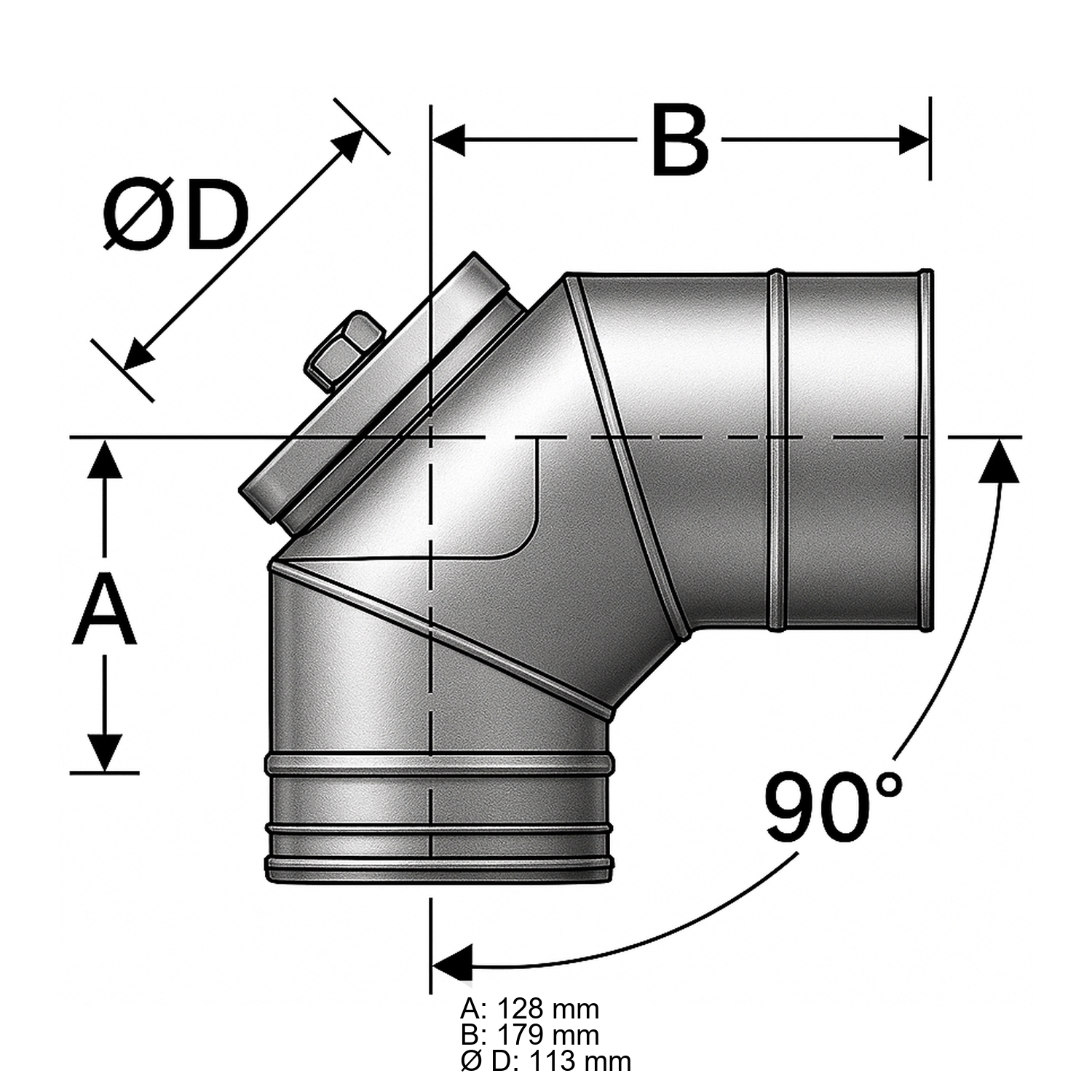 Schiedel PRIMA PLUS coude 90° Ø113 mm avec fermeture de révision pour combustibles solides simple paroi mat