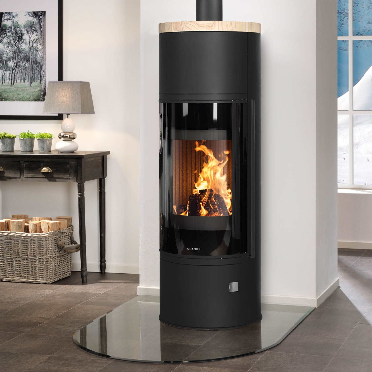 Oranier Arena Aqua 2.0 poêle à bois hydraulique en acier noir avec plaque de recouvrement en pierre de sable