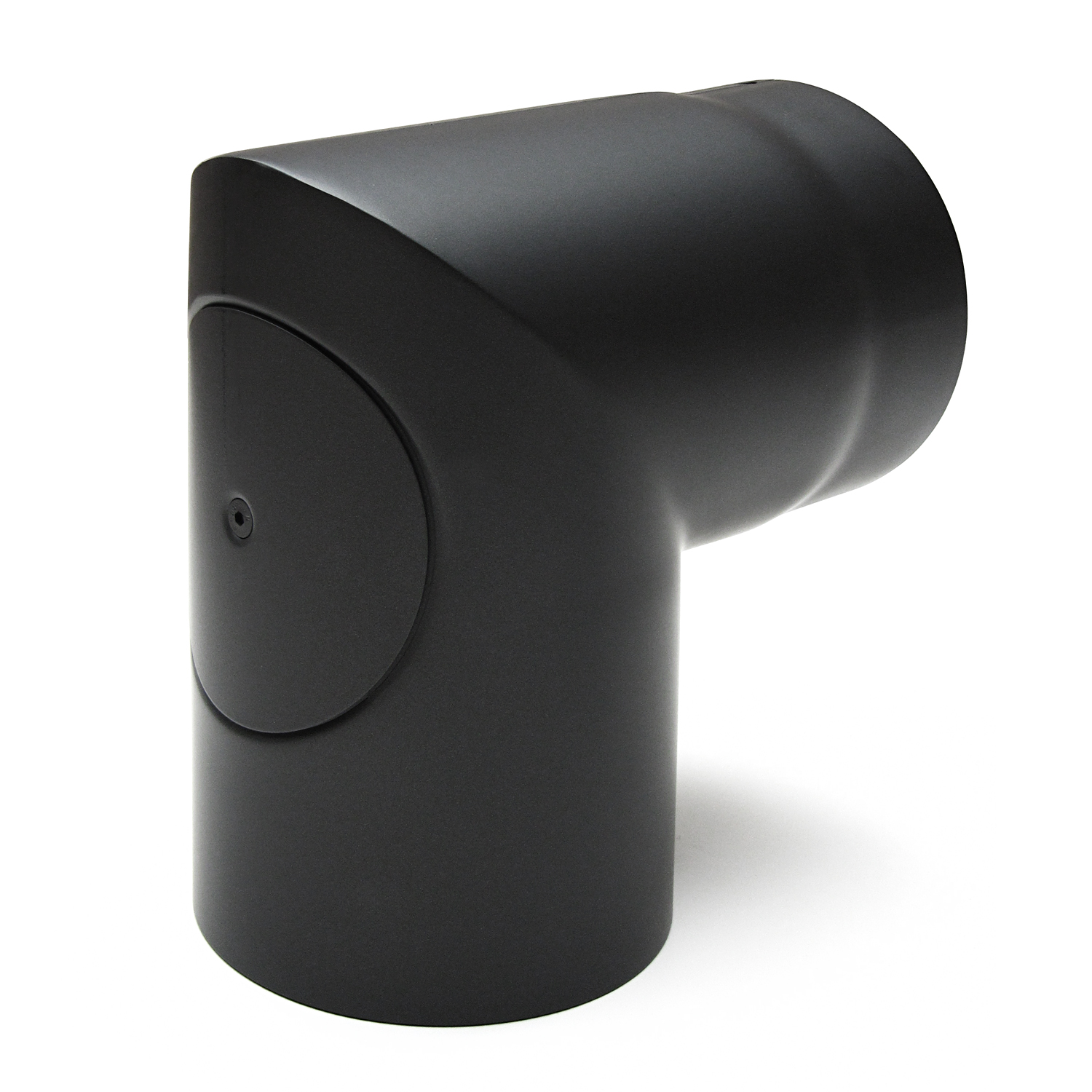 Coude de conduit de fumée / Tuyau de poêle 150 mm - 90° en deux parties avec ouverture de nettoyage noir Coude de conduit de fumée / Tuyau de poêle 150 mm - 90° en deux parties avec ouverture de nettoyage noir