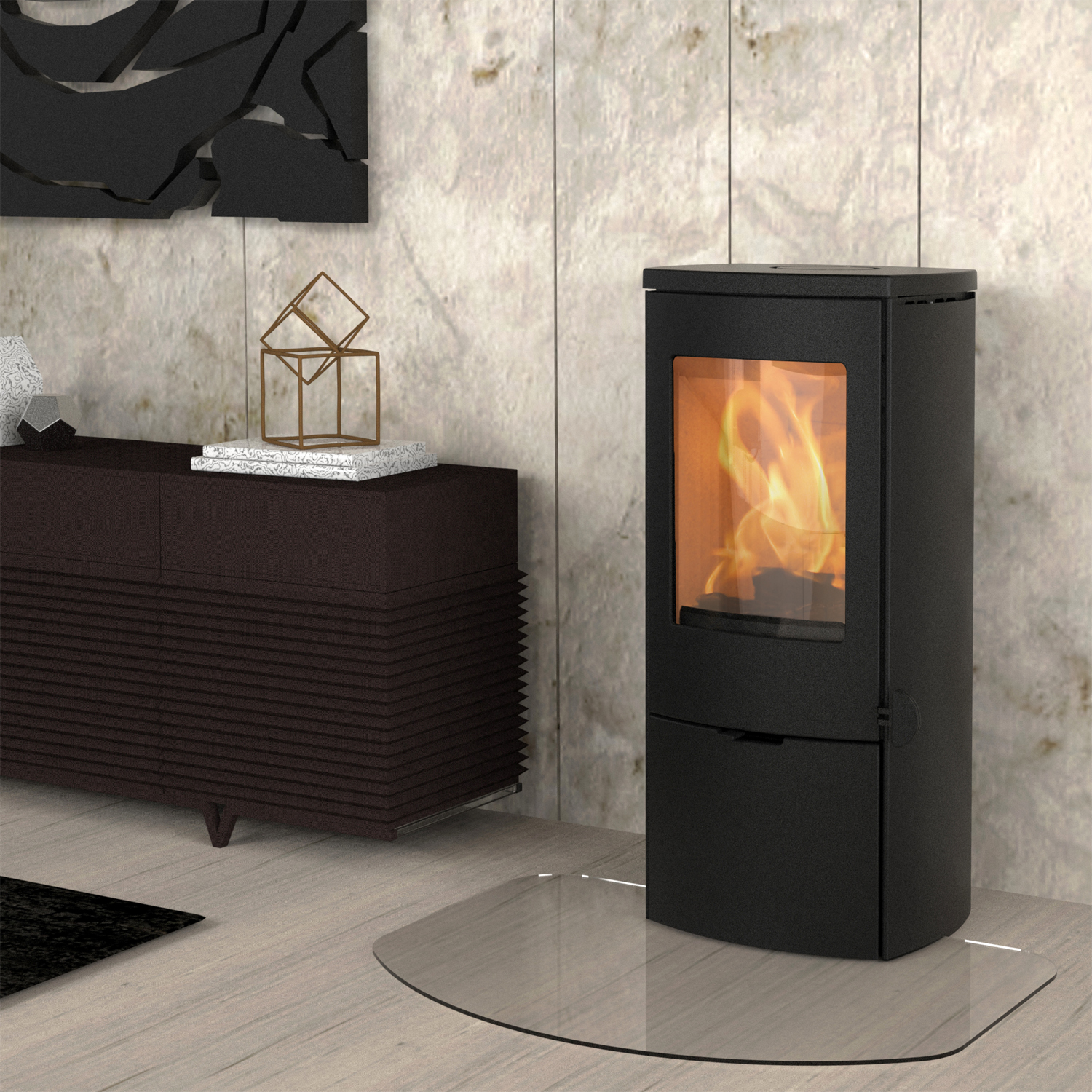 Poêle à bois Lotus Mondo 3 en acier noir, évacuation des fumées à l'arrière
