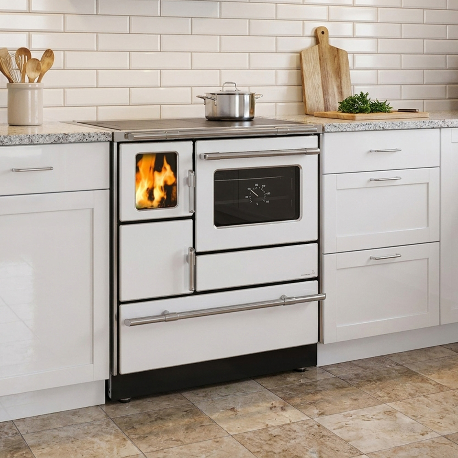 Wamsler K 128 F Cuisinière à bois à droite blanc avec plaque en acier