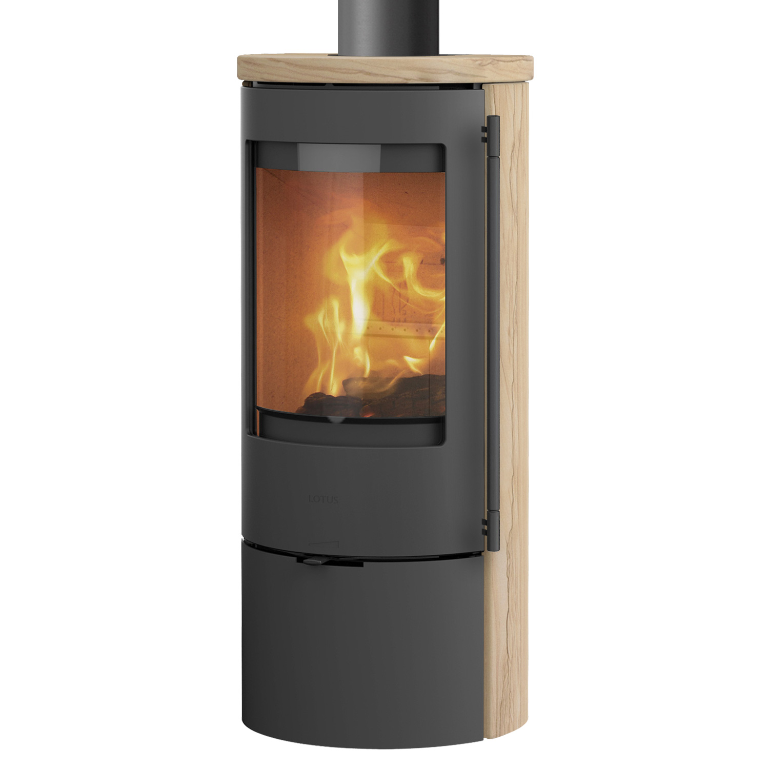 Lotus Prestige Basic S Poêle à bois en pierre de sable, corps gris, DIBt, raccordement de conduit de fumée en haut