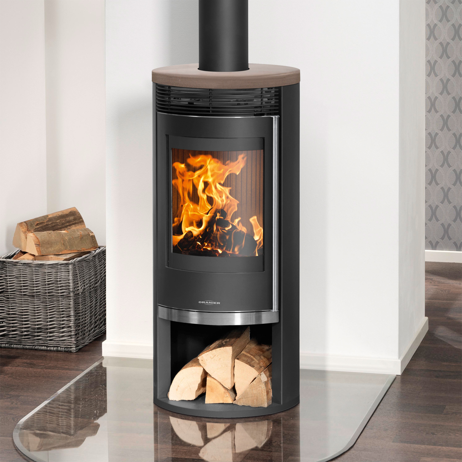Oranier Rota 2.0 Poêle à bois en acier noir avec plaque de recouvrement en céramique Grappa
