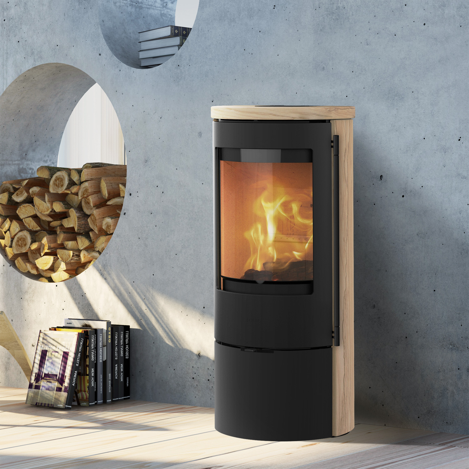 Lotus Prestige Basic S Poêle à bois en pierre de sable, corps noir, DIBt, raccordement du conduit de fumée à l'arrière.