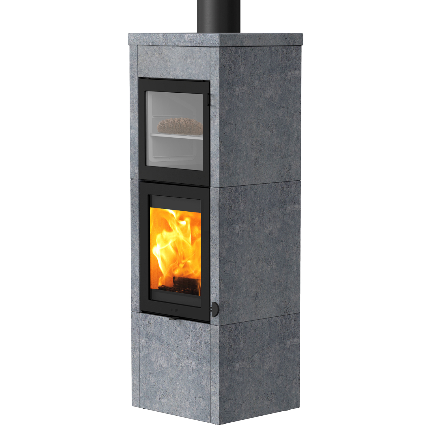 Lotus QM40 Poêle à bois en stéatite / Porte noire avec compartiment de cuisson, sortie de fumée par le haut