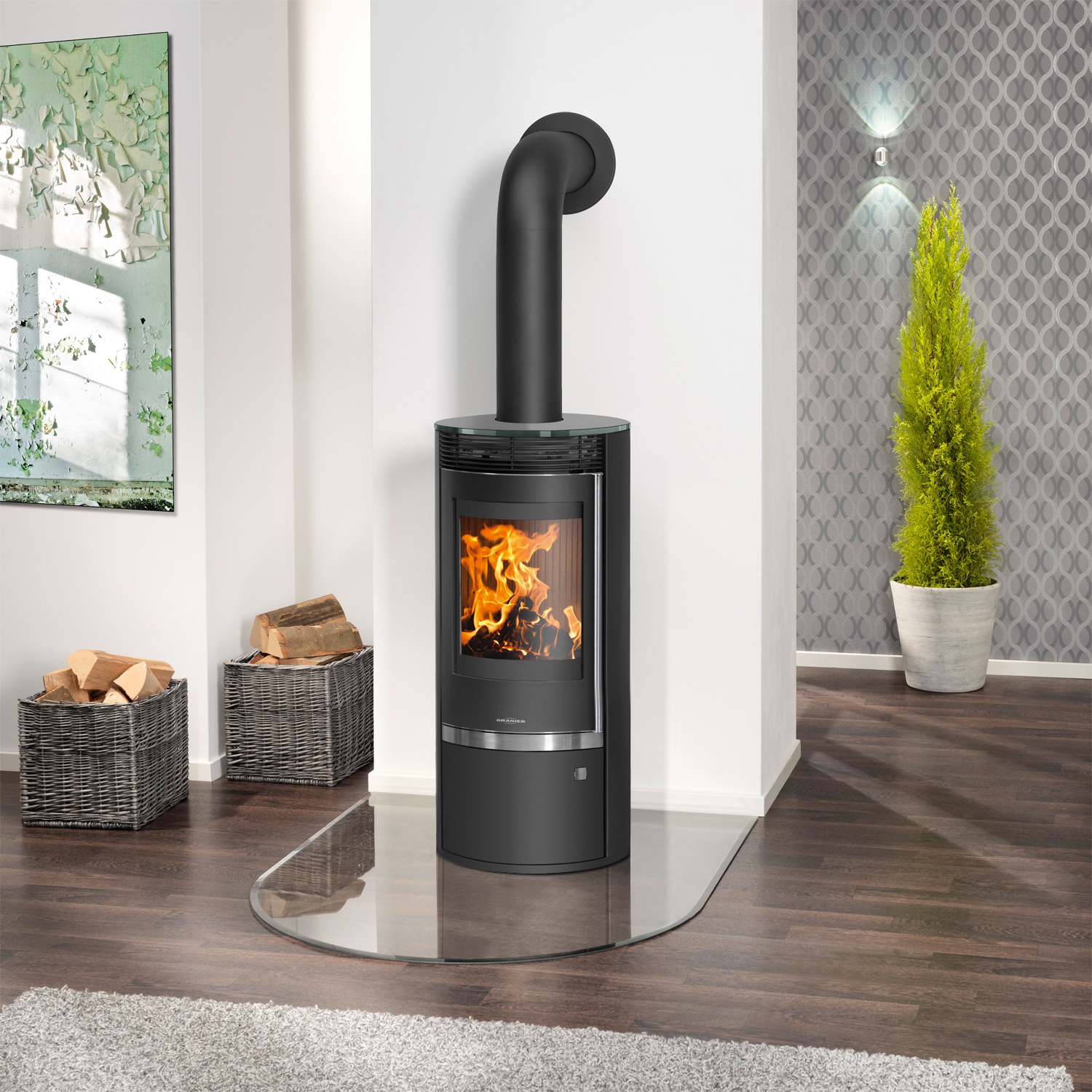 Poêle à bois Oranier Rota Top 2.0 en acier noir avec plaque de recouvrement en verre