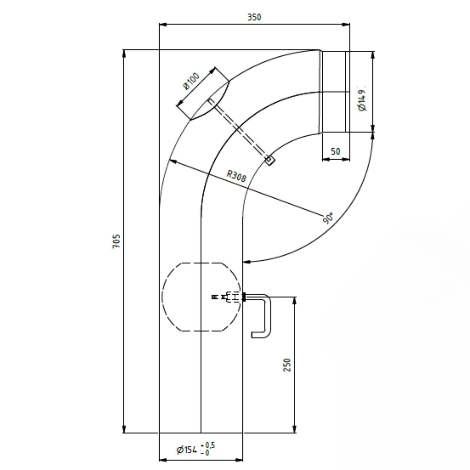 Raik coude LS diamètre 150/90° 2,00mm lisse 705/350 avec porte intégrée avec modérateur de tirage noir