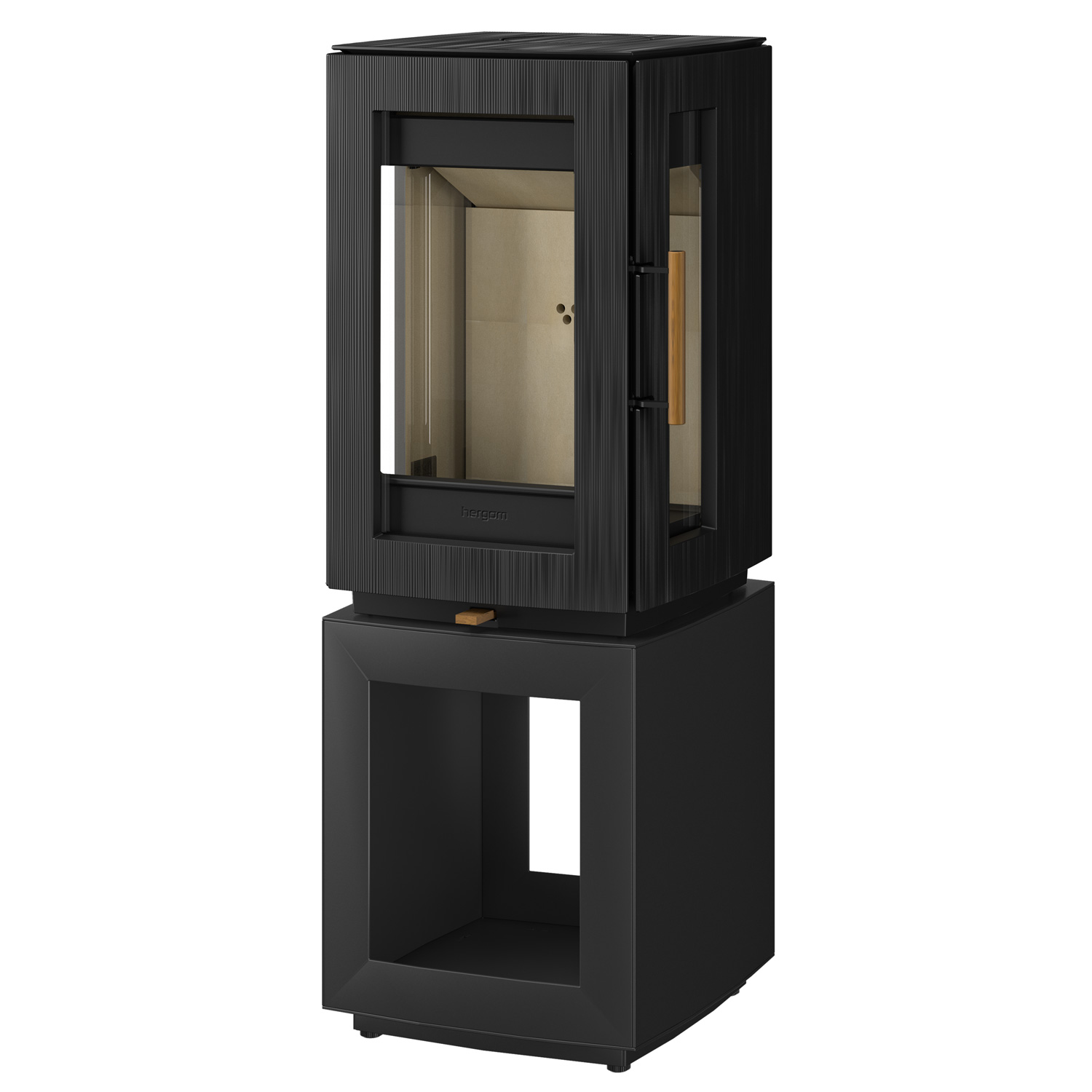 Poêle à bois Hergom Glow en fonte noire avec compartiment de rangement pour le bois