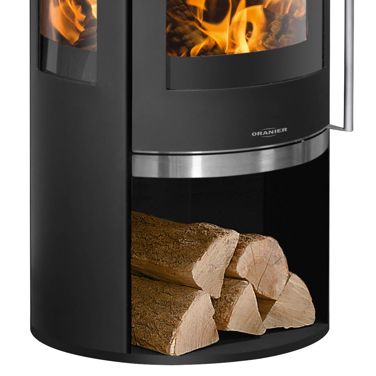 Poêle à bois Oranier Rota TRE 2.0 en acier noir avec plaque de recouvrement en pierre de sable.