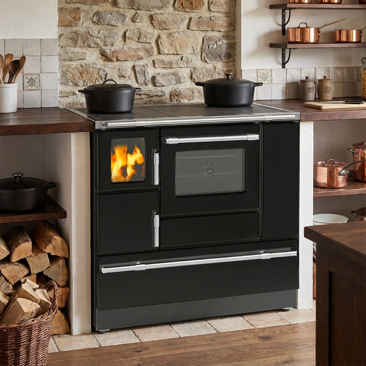 Wamsler K 138 F Cuisinière à bois à droite noir avec plaque en acier