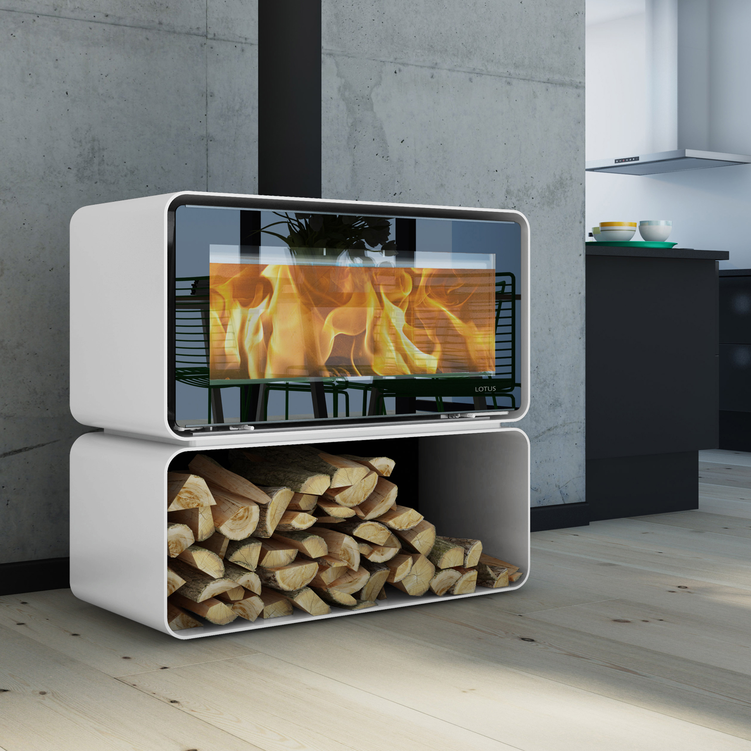 Poêle à bois Lotus Living Cube Alpin White, évacuation des fumées par le haut
