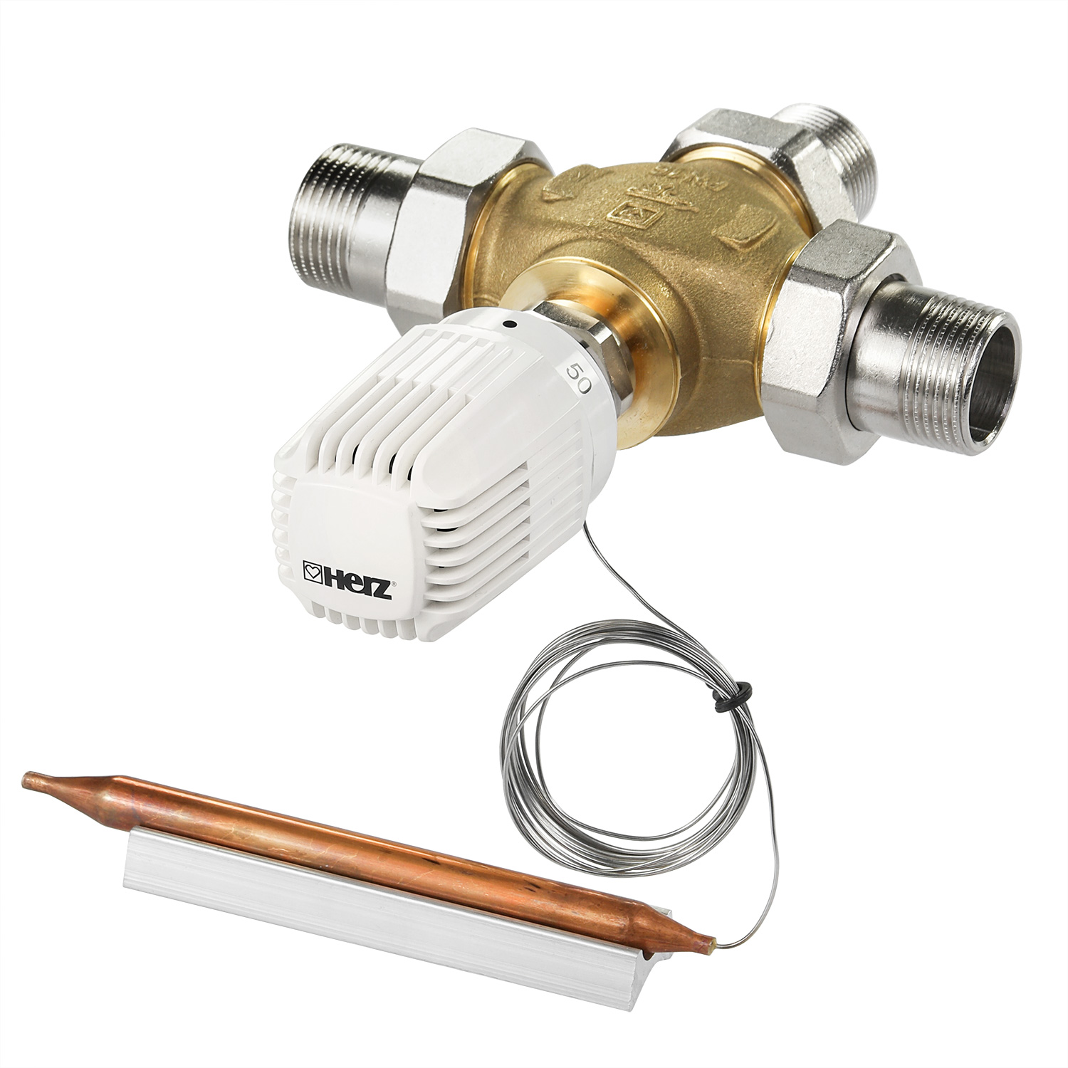 ATMOS vanne de répartition à 3 voies DN25 avec 3 raccords + tête thermostatique 40-70 °C