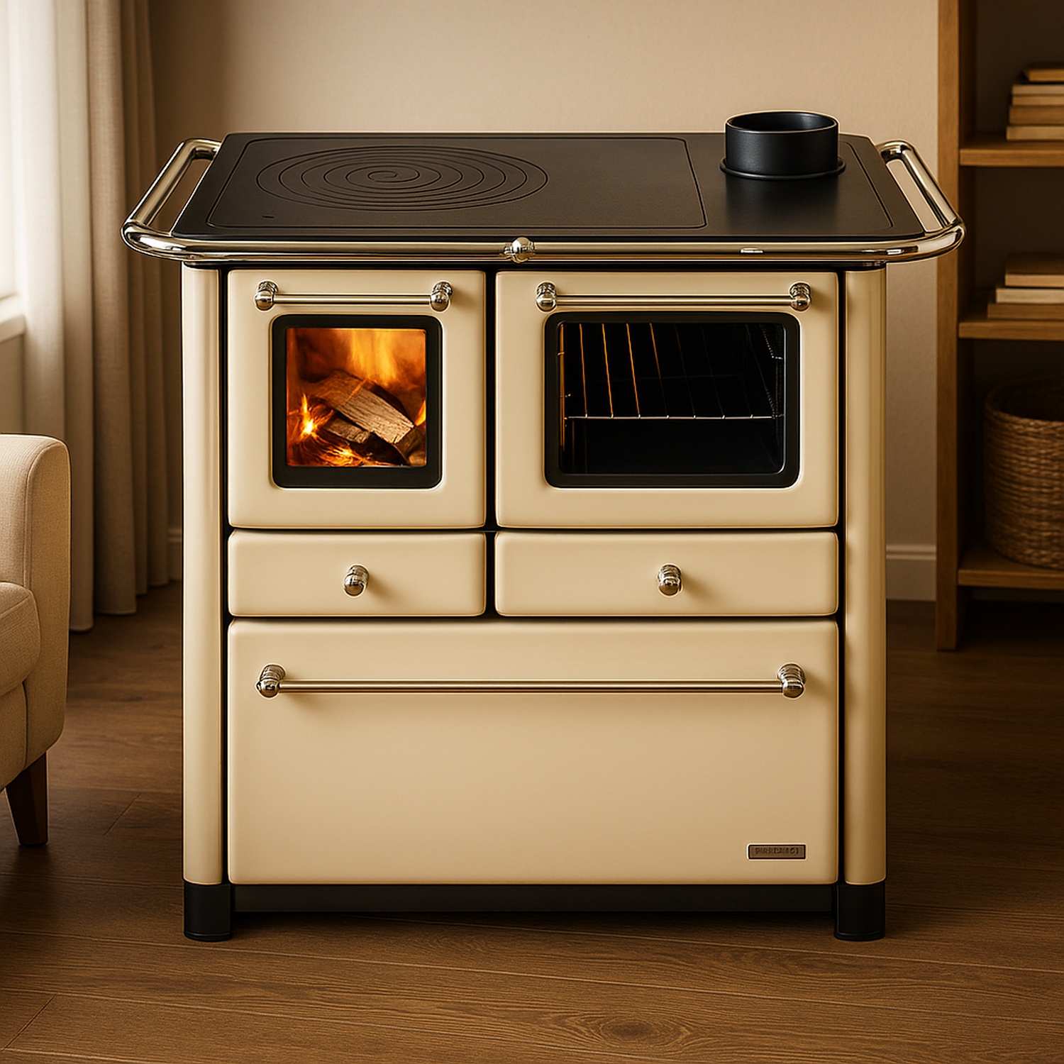Westminster cuisinière à bois K 85 F II Cappuccino raccordement tuyaux gauche