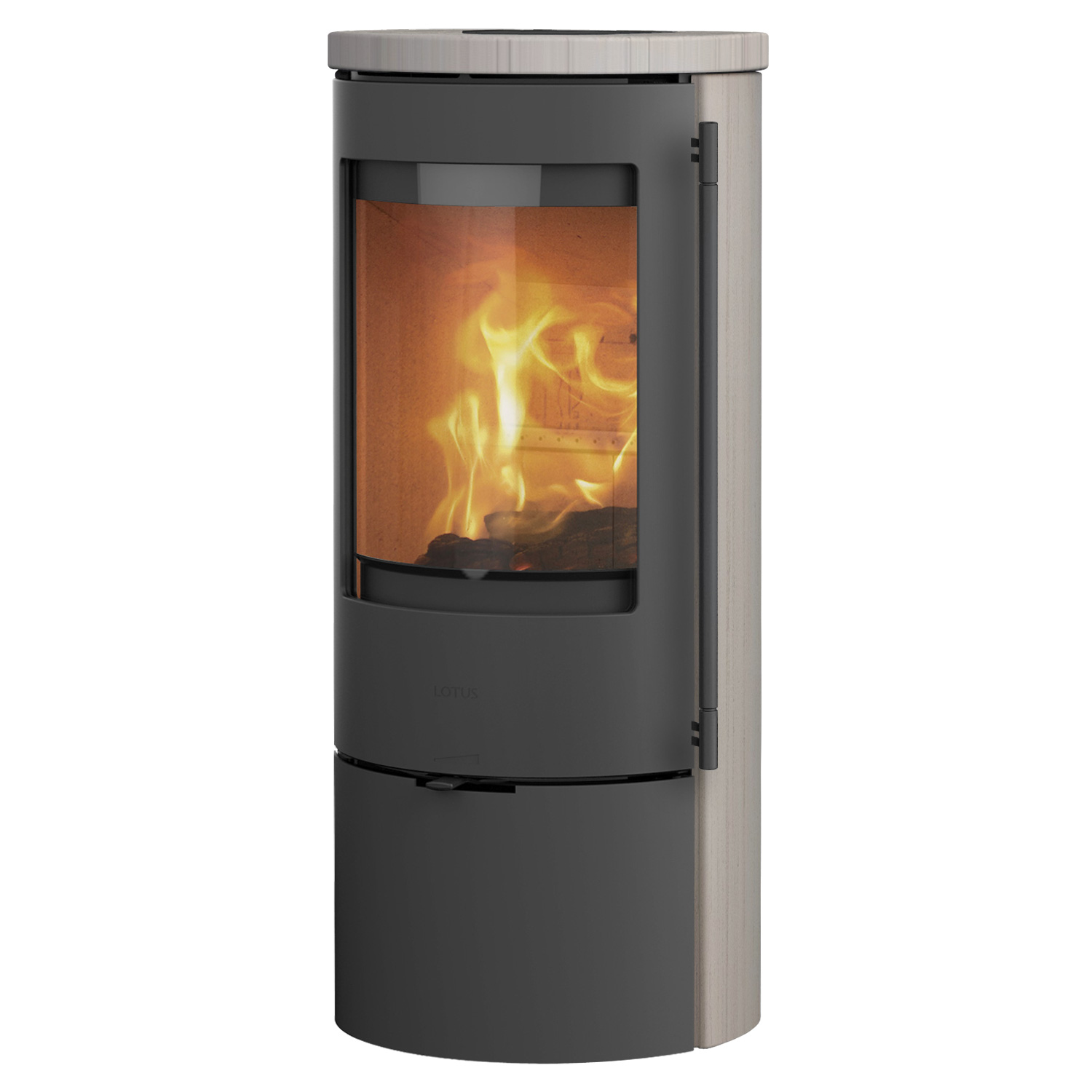 Lotus Prestige Basic S Poêle à bois en calcaire, corps gris, raccordement du conduit de fumée à l'arrière. Lotus Prestige Basic S Poêle à bois en calcaire, corps gris, raccordement du conduit de fumée à l'arrière.