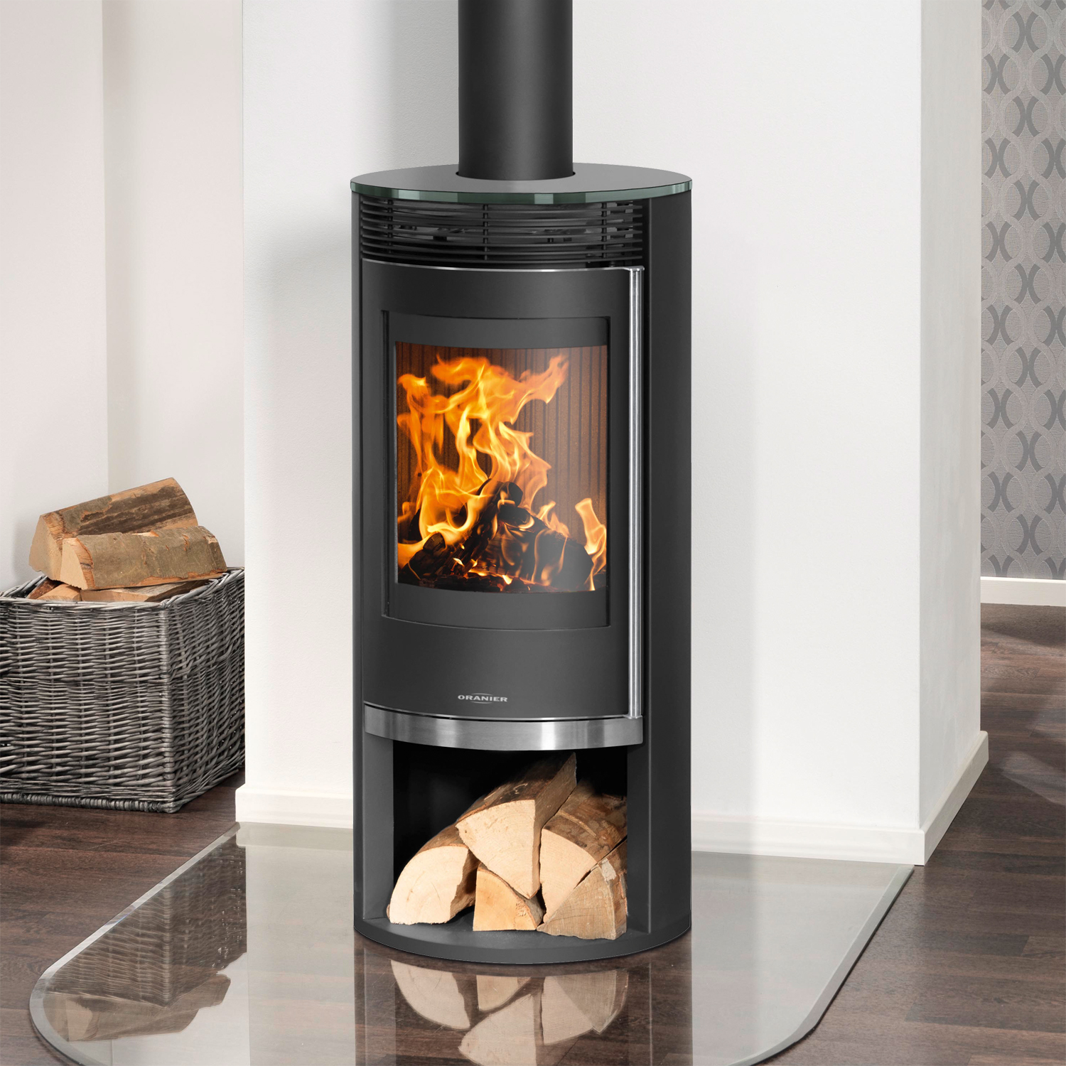 Oranier Rota 2.0 Poêle à bois en acier noir avec plaque de recouvrement en verre