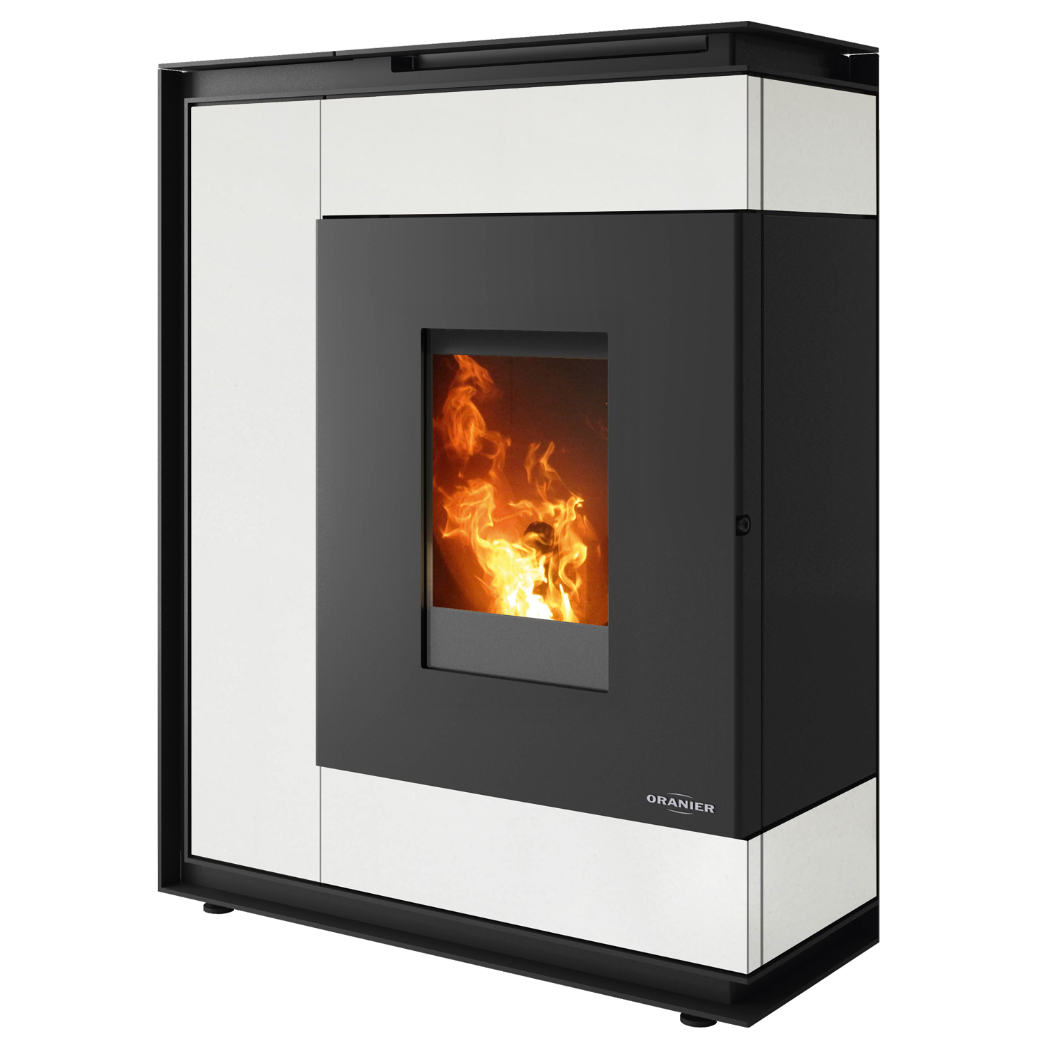 Oranier Boreas II poêle à granulés acier noir / pierre frittée blanc soie, tuyau de fumée arrière
