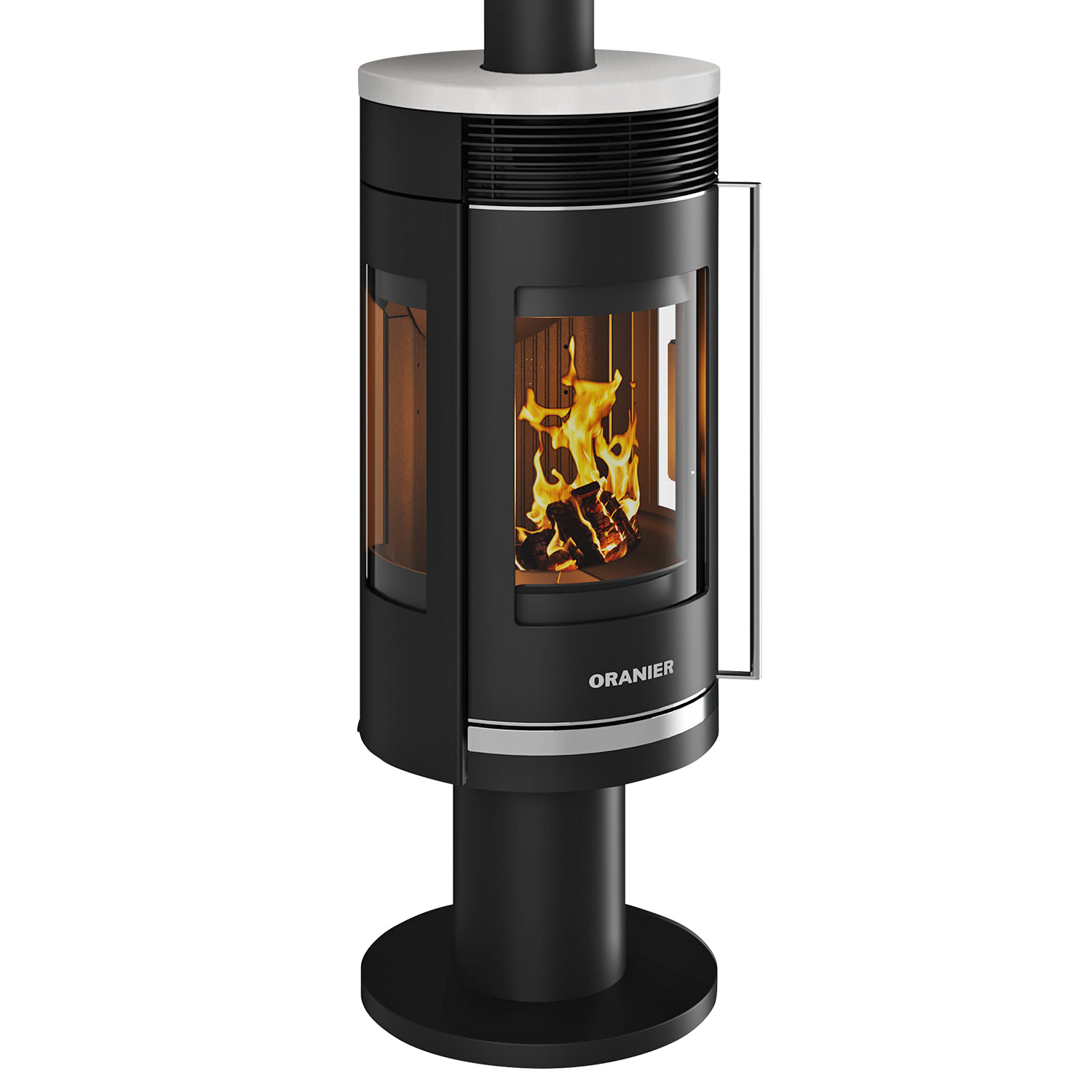 Poêle à bois Oranier Rota Twist en acier noir / Plaque supérieure en céramique blanc soie