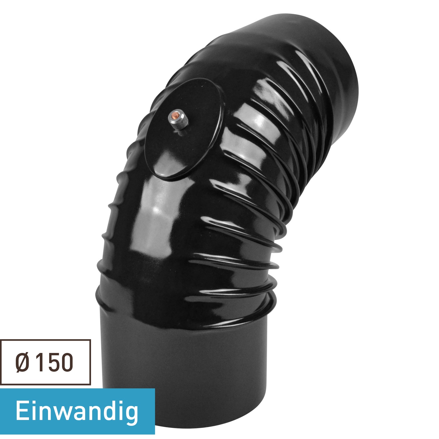 Coude de tuyau de poêle / Coude de conduit de fumée émaillé 150 mm - Coude à 90° nervuré noir avec ouverture de nettoyage